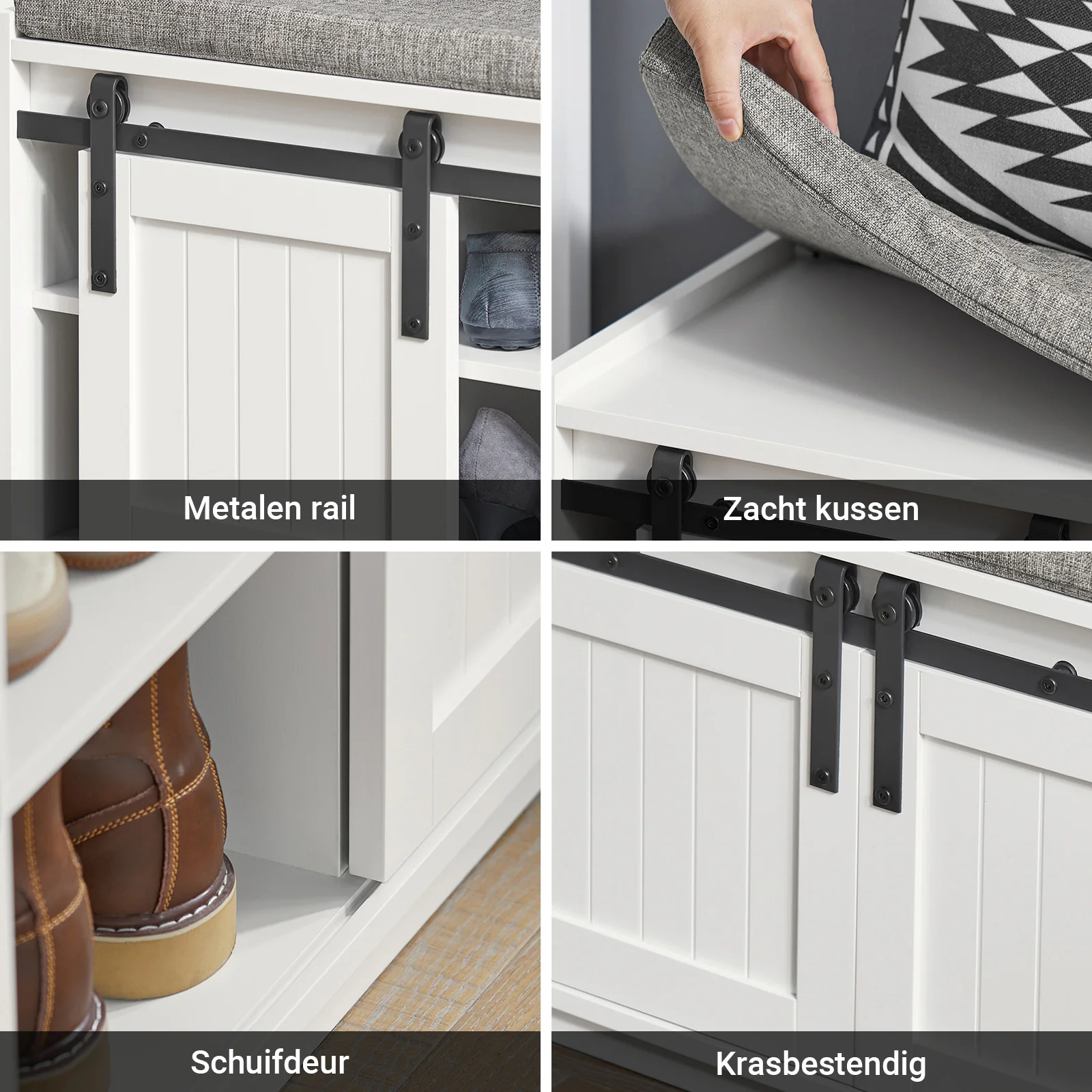 SoBuy FSR133-W Schoenenkast met Bank – 6 Vakken, Schuifdeur in Barn-Style, 200 kg Draagkracht – Ideaal voor Hal, Slaapkamer en Woonkamer – 120x35x45 cm - Image 5