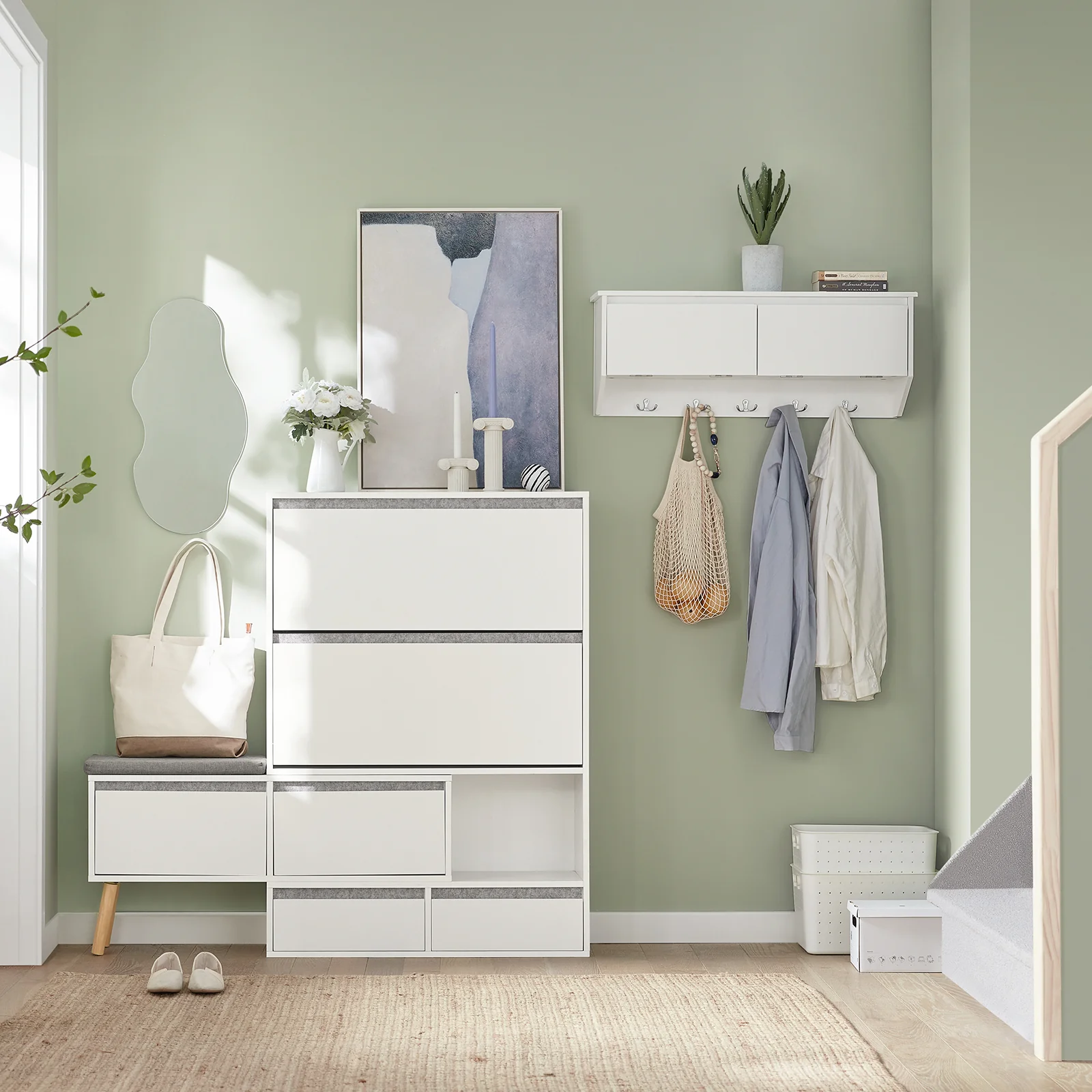 SoBuy FSR134-W Schoenenkast met Zitbank – Uitschuifbaar & Draaibaar | Entree Meubel met 2 Kleppen, 2 Deuren & 2 Lades | Wit | 124–92 x 24 x 126 cm - Image 3