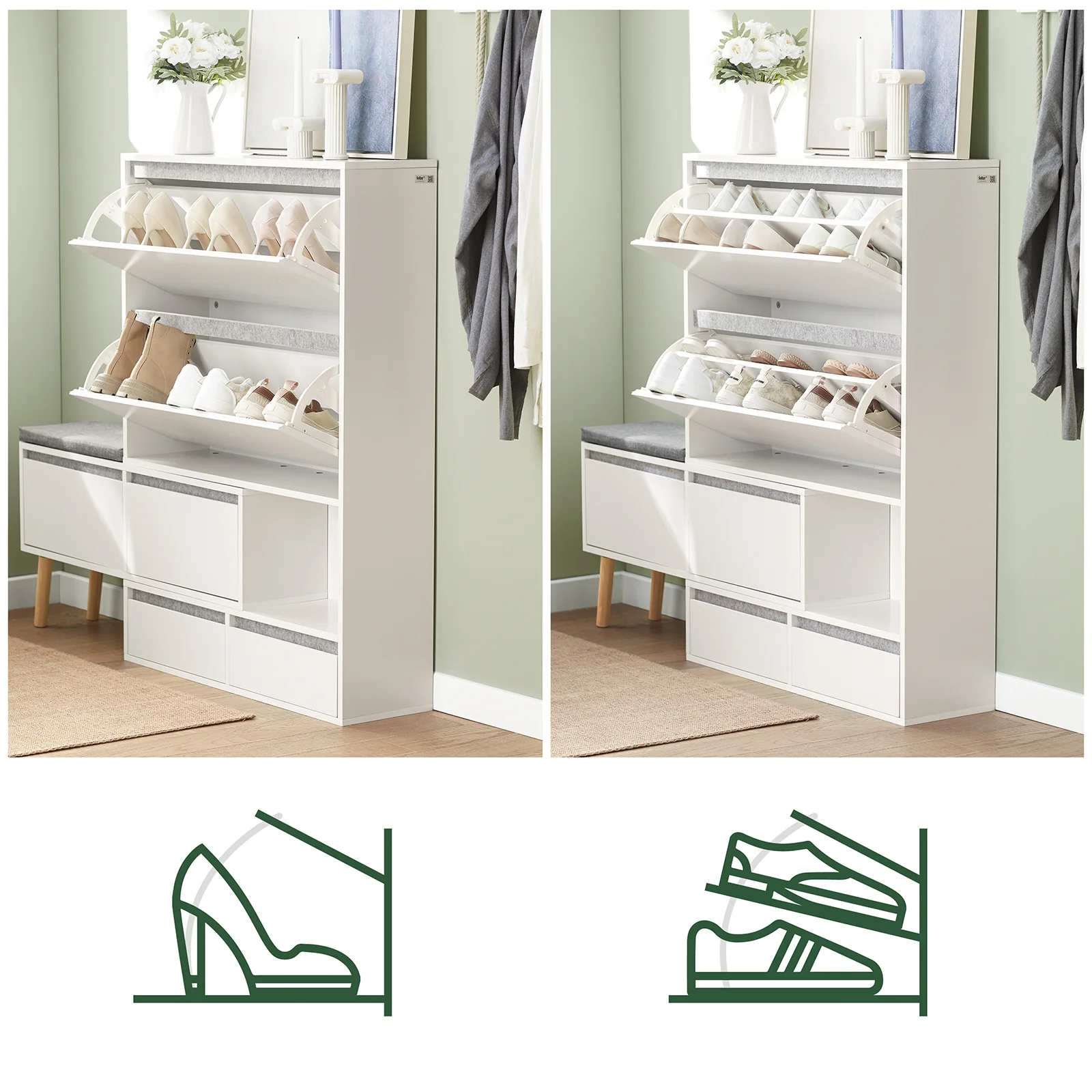 SoBuy FSR134-W Schoenenkast met Zitbank – Uitschuifbaar & Draaibaar | Entree Meubel met 2 Kleppen, 2 Deuren & 2 Lades | Wit | 124–92 x 24 x 126 cm - Image 4