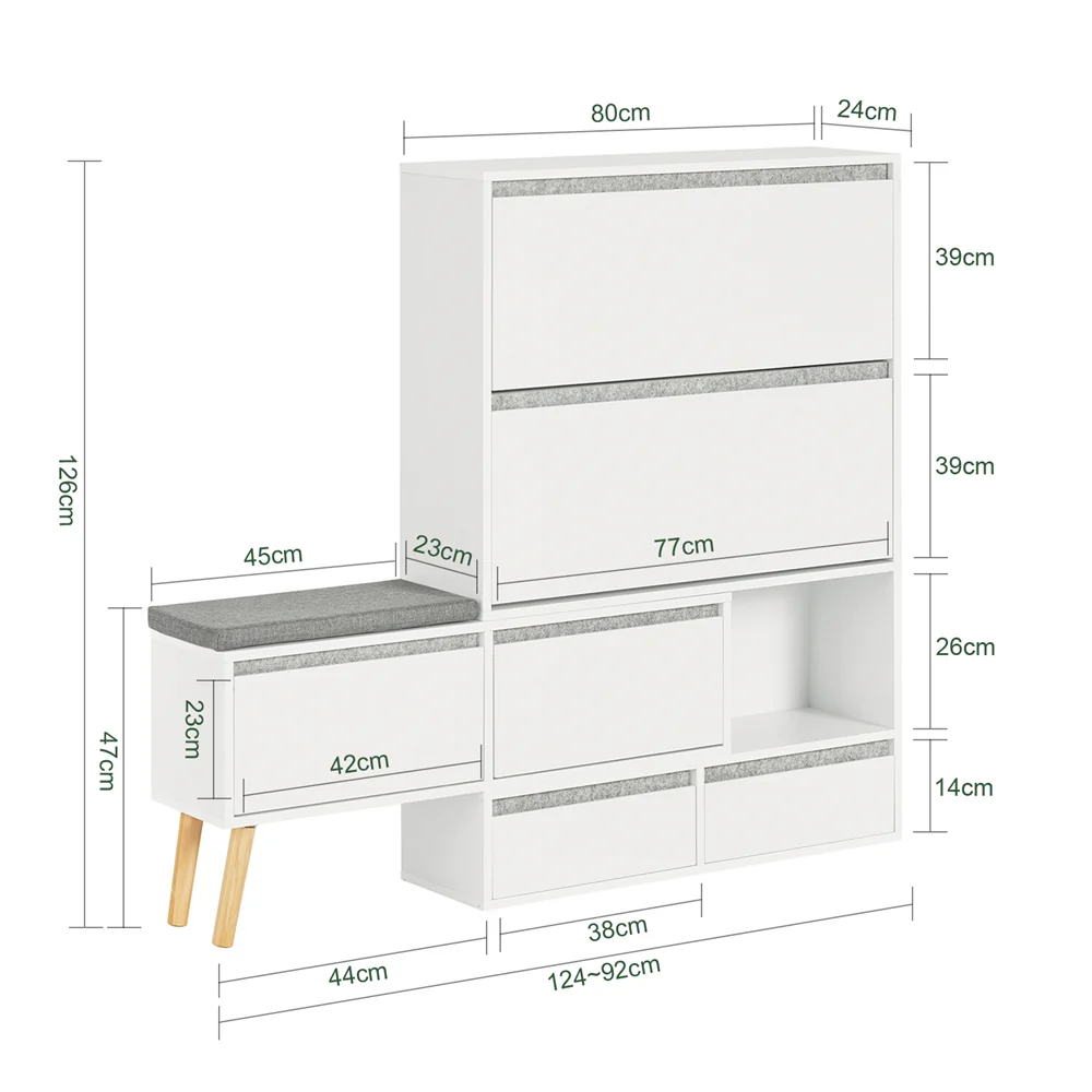 SoBuy FSR134-W Schoenenkast met Zitbank – Uitschuifbaar & Draaibaar | Entree Meubel met 2 Kleppen, 2 Deuren & 2 Lades | Wit | 124–92 x 24 x 126 cm - Image 5