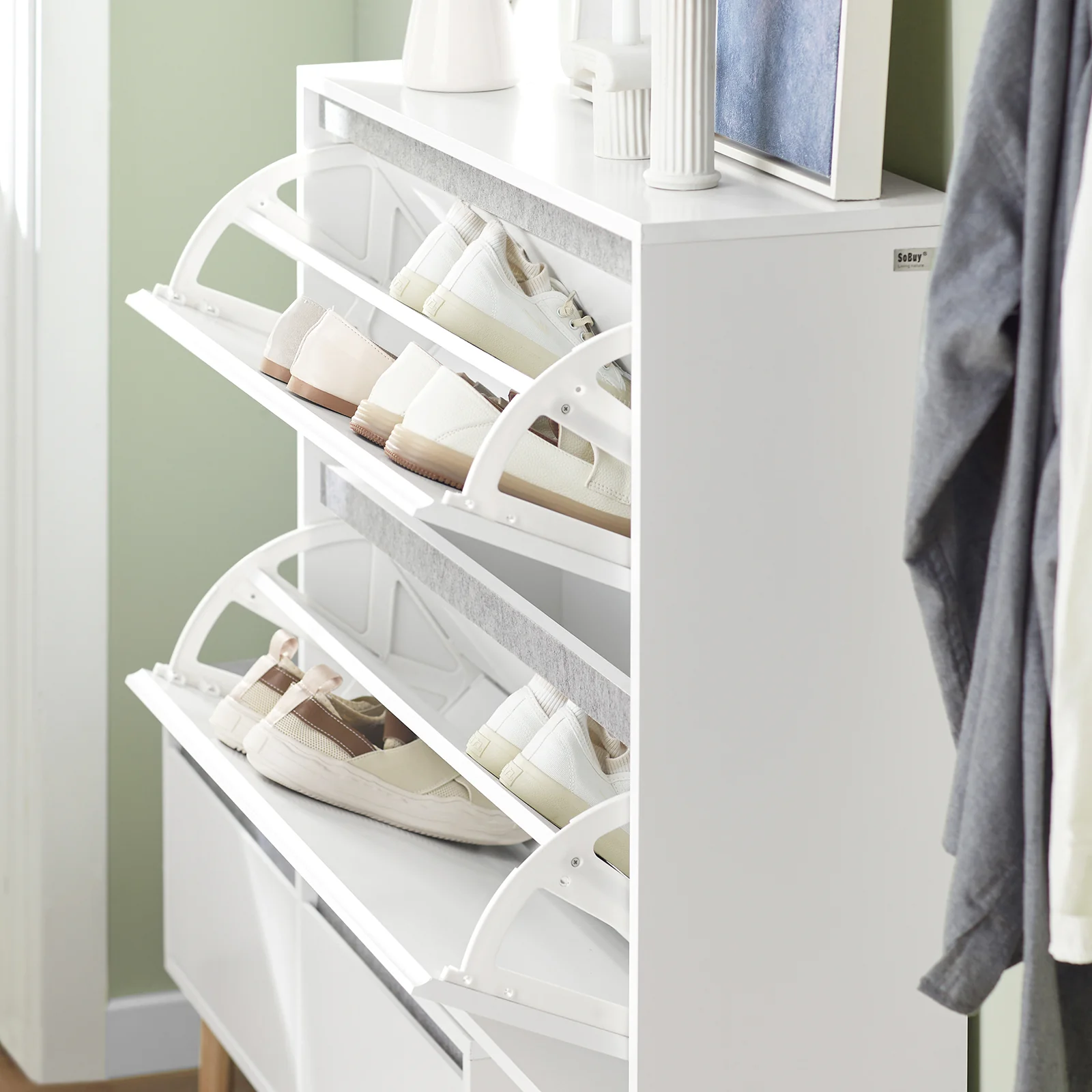 SoBuy FSR134-W Schoenenkast met Zitbank – Uitschuifbaar & Draaibaar | Entree Meubel met 2 Kleppen, 2 Deuren & 2 Lades | Wit | 124–92 x 24 x 126 cm - Image 9