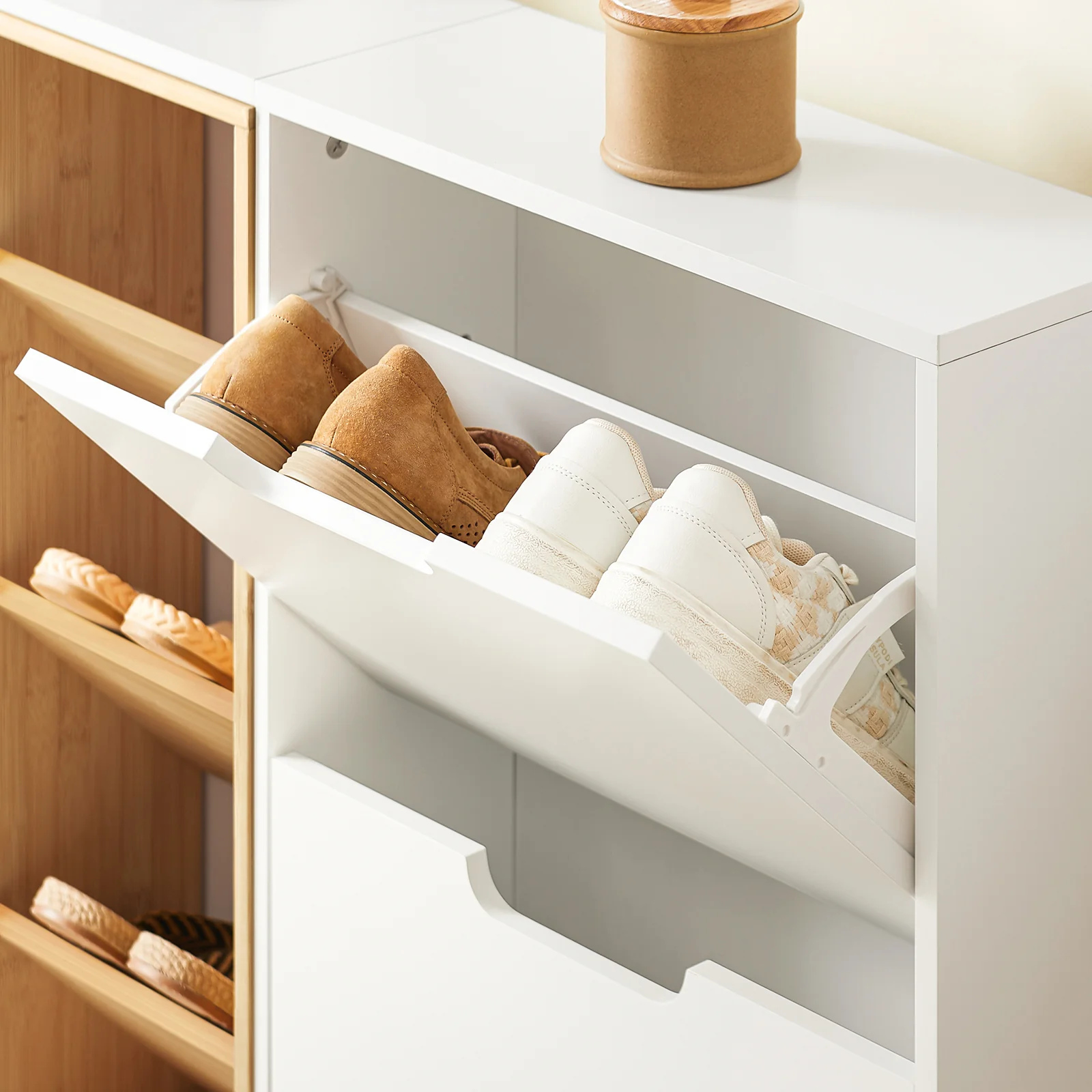 SoBuy FSR183-WN Schoenenkast, schoenenopslag, entreekast, schoenenkast, opbergkast, commode met 4 kleppen en 3 open vakken, opbergdoos - Image 10