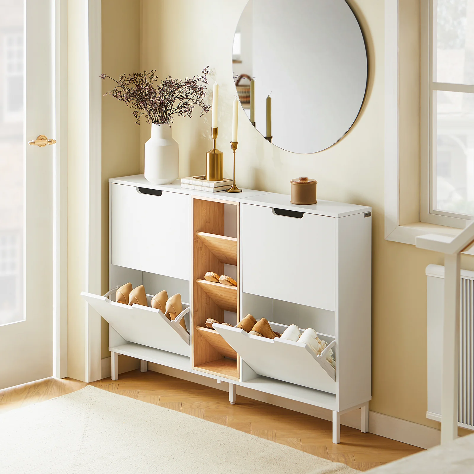 SoBuy FSR183-WN Schoenenkast, schoenenopslag, entreekast, schoenenkast, opbergkast, commode met 4 kleppen en 3 open vakken, opbergdoos - Image 3