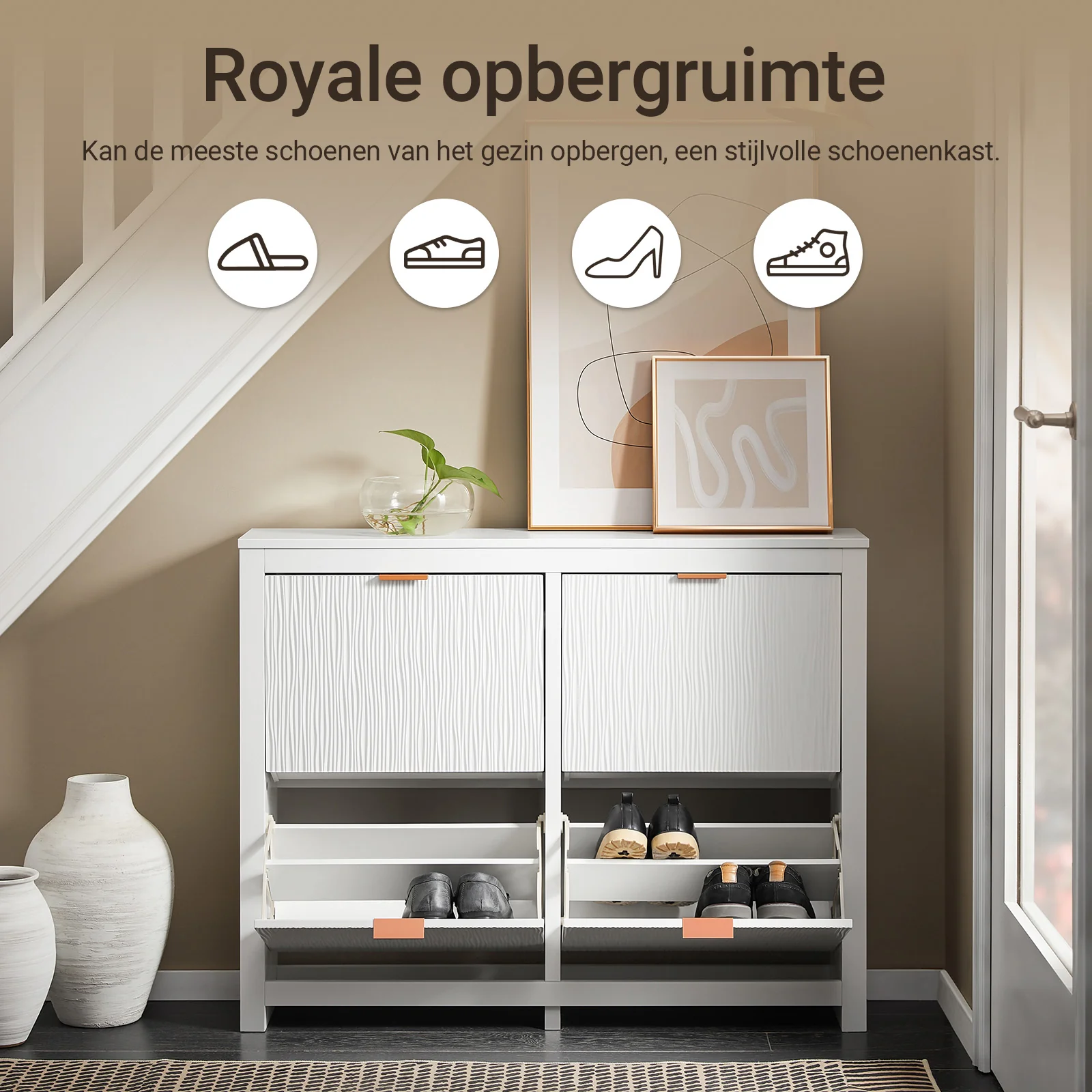SoBuy FSR186-II-W Schoenenkast – Smalle Opbergkast met 4 Kleppen, Perfect voor Hal & Woonkamer – Compact Design, Wit – 104x23x82 cm - Image 3