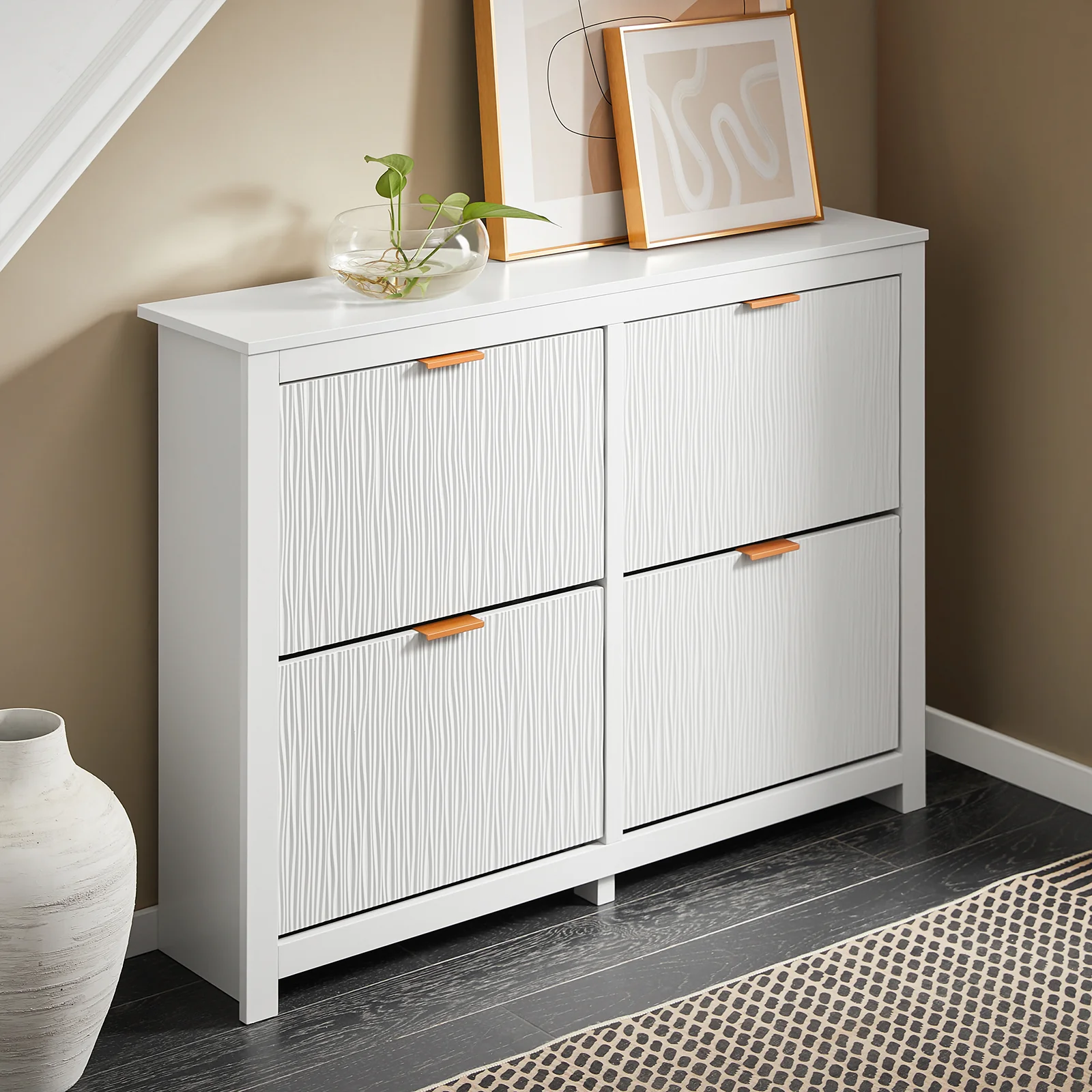 SoBuy FSR186-II-W Schoenenkast – Smalle Opbergkast met 4 Kleppen, Perfect voor Hal & Woonkamer – Compact Design, Wit – 104x23x82 cm - Image 4