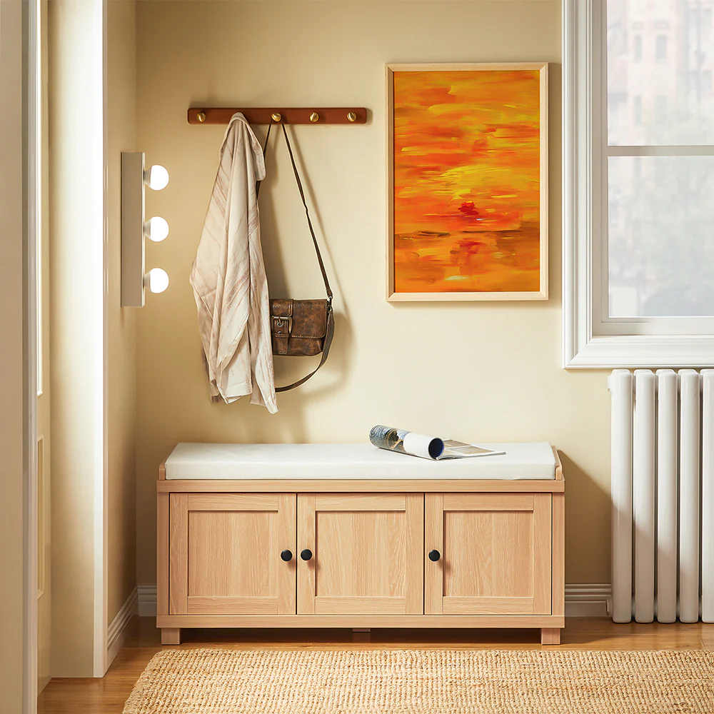 Pre-order SoBuy FSR188-N Schoenenbank, schoenenopbergbank, schoenenkast, lage entree met gevoerd kussen, 3 deuren en 4 open vakken - Image 3