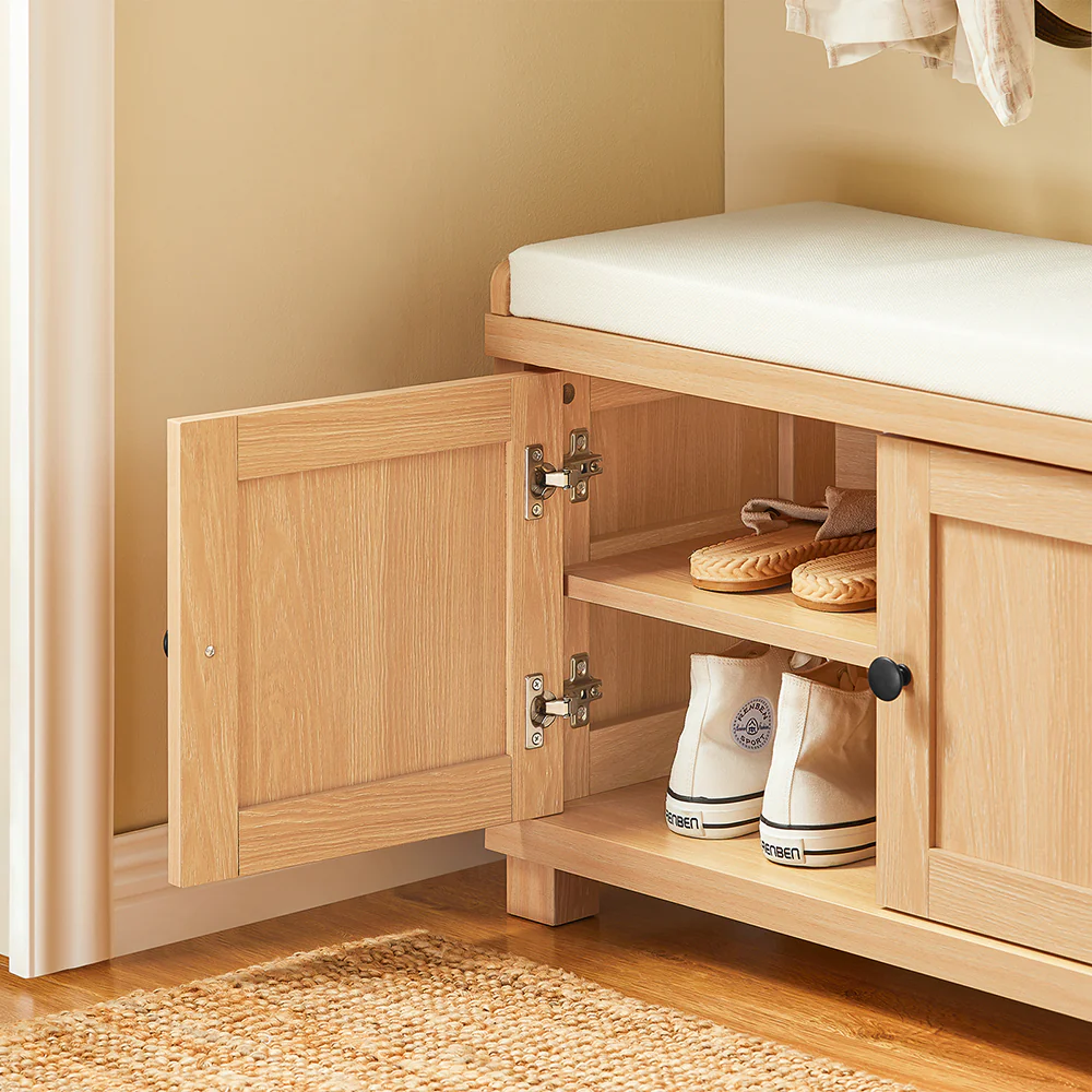 Pre-order SoBuy FSR188-N Schoenenbank, schoenenopbergbank, schoenenkast, lage entree met gevoerd kussen, 3 deuren en 4 open vakken - Image 6
