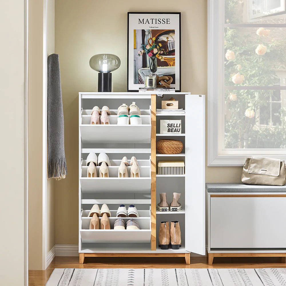 SoBuy FSR189-WN Schoenenkast - Opbergmeubel voor Schoenen met 3 Opendelen & 1 Deur – Grote Opbergruimte voor 20 Paar + Verstelbare Plank – Modern Witte Stijl 80x34x122 cm - Image 3