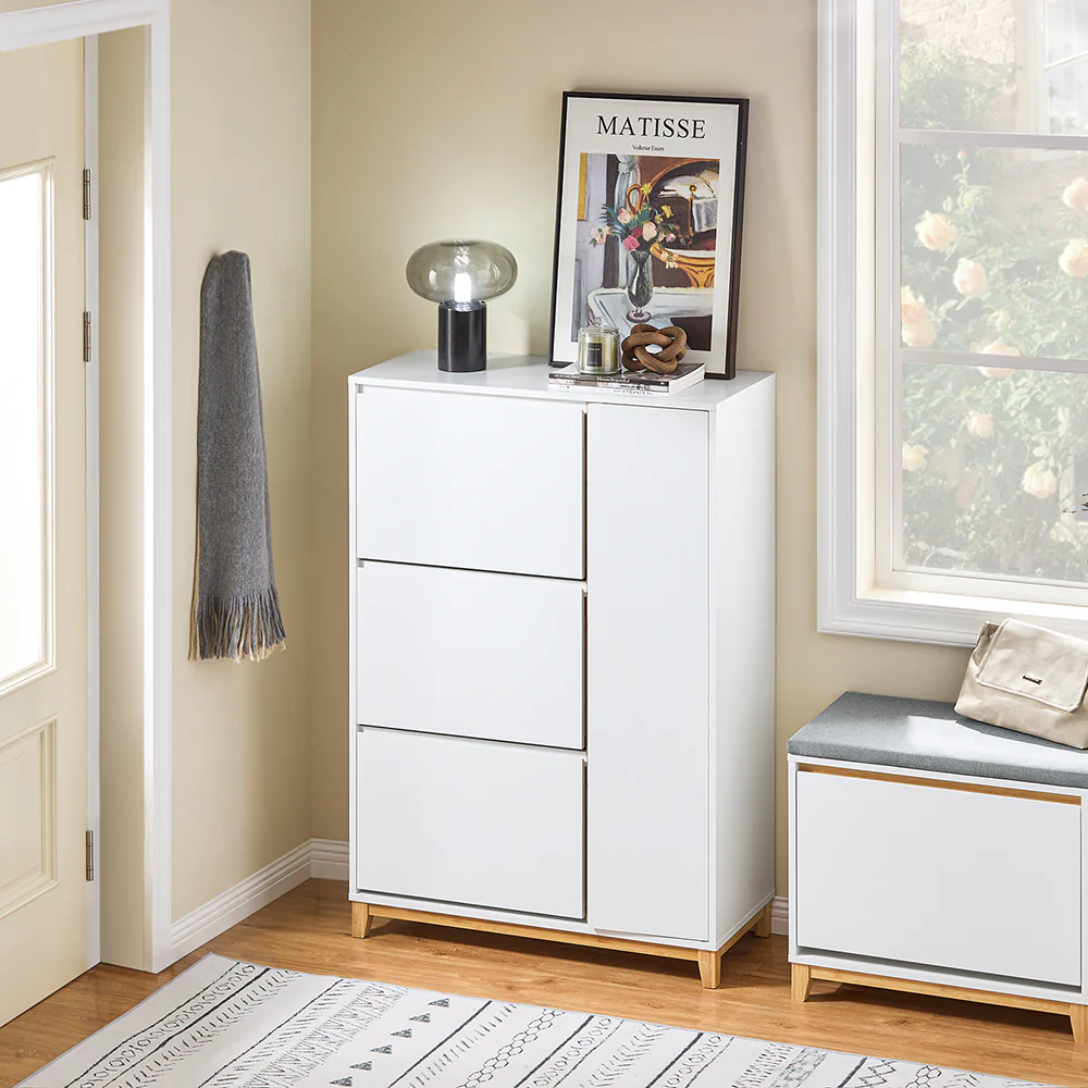 SoBuy FSR189-WN Schoenenkast - Opbergmeubel voor Schoenen met 3 Opendelen & 1 Deur – Grote Opbergruimte voor 20 Paar + Verstelbare Plank – Modern Witte Stijl 80x34x122 cm - Image 4