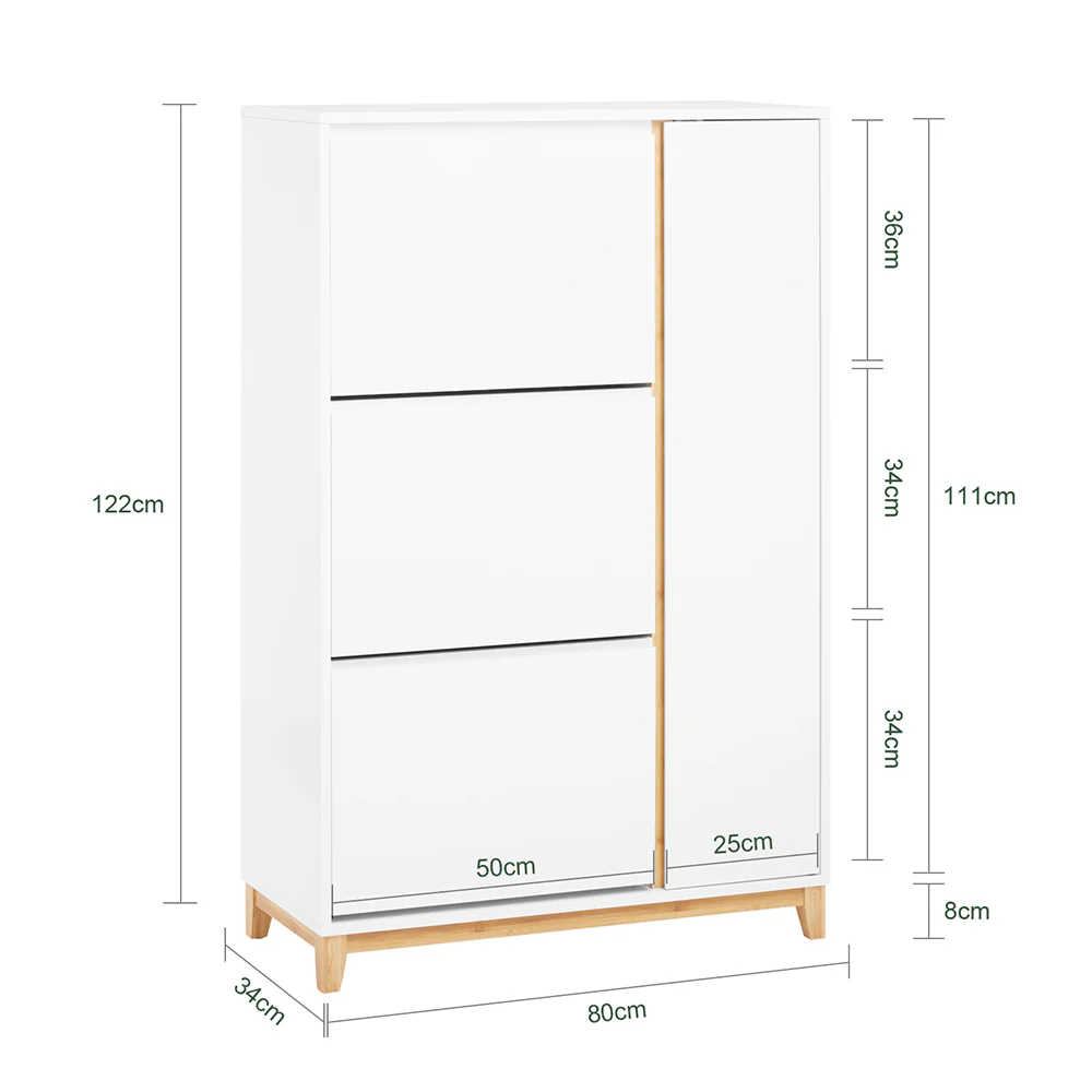 SoBuy FSR189-WN Schoenenkast - Opbergmeubel voor Schoenen met 3 Opendelen & 1 Deur – Grote Opbergruimte voor 20 Paar + Verstelbare Plank – Modern Witte Stijl 80x34x122 cm - Image 5