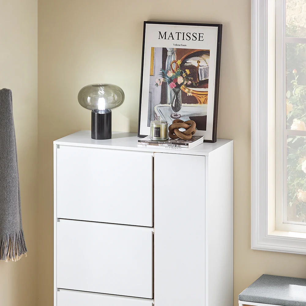 SoBuy FSR189-WN Schoenenkast - Opbergmeubel voor Schoenen met 3 Opendelen & 1 Deur – Grote Opbergruimte voor 20 Paar + Verstelbare Plank – Modern Witte Stijl 80x34x122 cm - Image 7