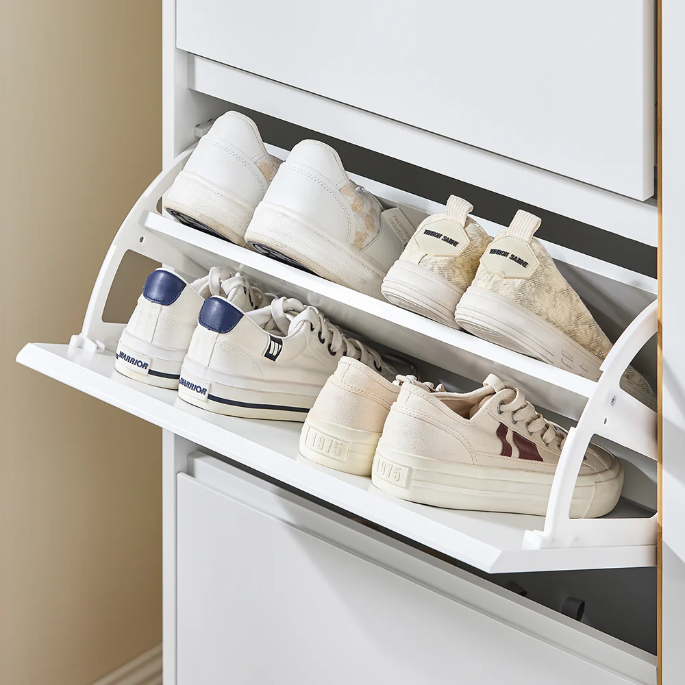 SoBuy FSR189-WN Schoenenkast - Opbergmeubel voor Schoenen met 3 Opendelen & 1 Deur – Grote Opbergruimte voor 20 Paar + Verstelbare Plank – Modern Witte Stijl 80x34x122 cm - Image 8