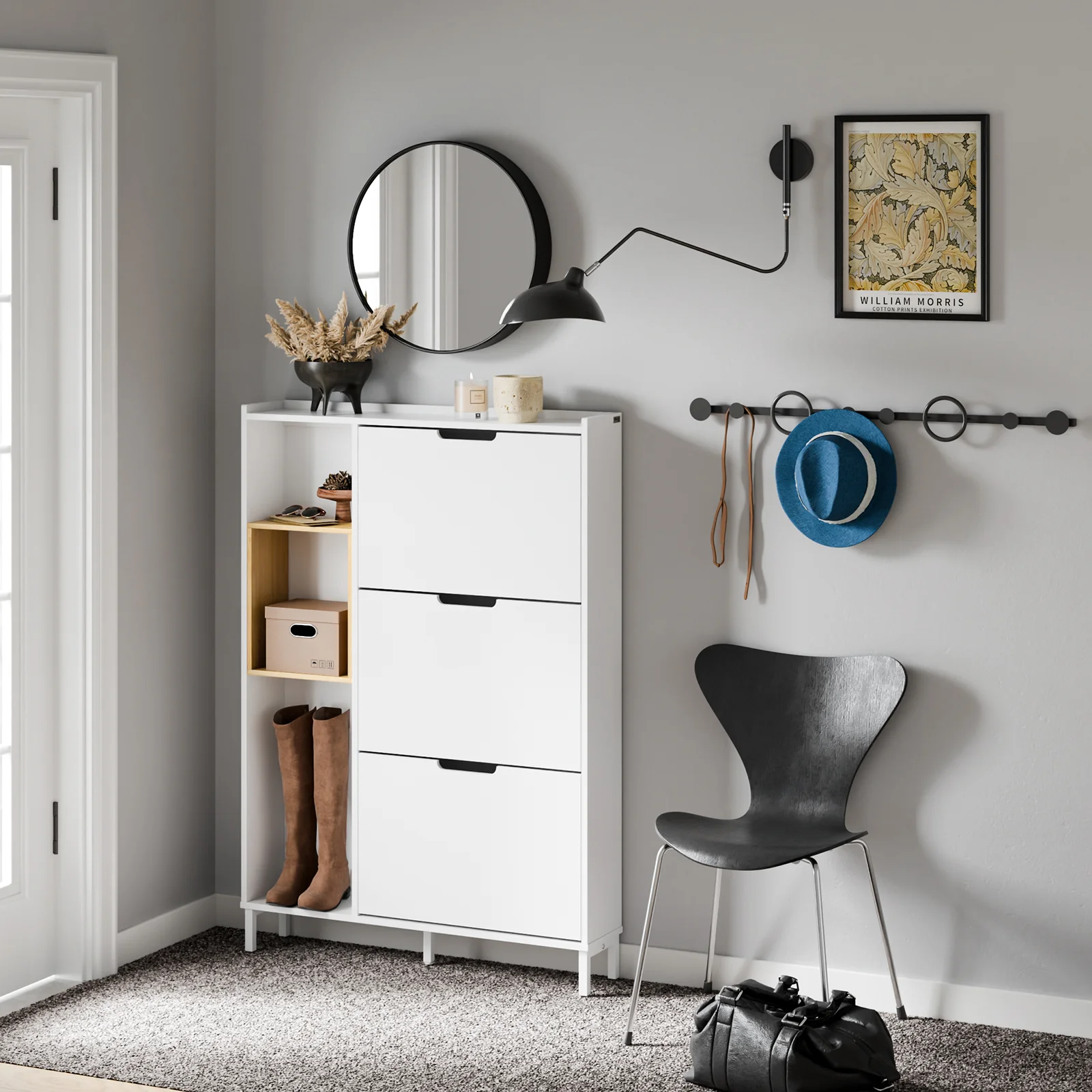 SoBuy FSR209-WN Smalle Schoenenkast voor Hal – Witte Schoenenkast met 3 Kleppen – Ruimte voor 9 Paar – Ideaal voor Kleine Ruimtes – MDF & Bamboe, 90×19×129,5 cm - Image 3