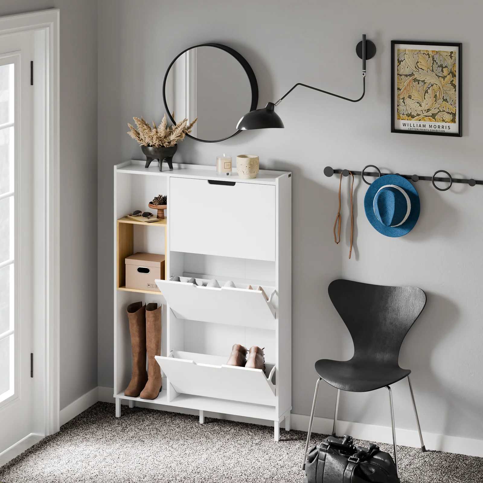 SoBuy FSR209-WN Smalle Schoenenkast voor Hal – Witte Schoenenkast met 3 Kleppen – Ruimte voor 9 Paar – Ideaal voor Kleine Ruimtes – MDF & Bamboe, 90×19×129,5 cm - Image 4