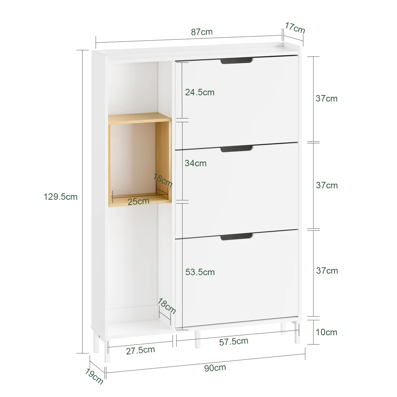 SoBuy FSR209-WN Smalle Schoenenkast voor Hal – Witte Schoenenkast met 3 Kleppen – Ruimte voor 9 Paar – Ideaal voor Kleine Ruimtes – MDF & Bamboe, 90×19×129,5 cm - Image 5