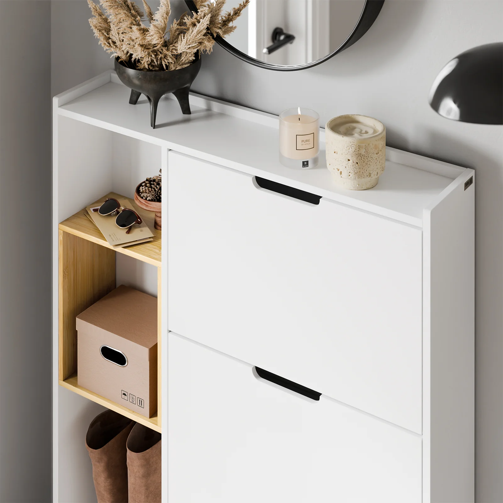 SoBuy FSR209-WN Smalle Schoenenkast voor Hal – Witte Schoenenkast met 3 Kleppen – Ruimte voor 9 Paar – Ideaal voor Kleine Ruimtes – MDF & Bamboe, 90×19×129,5 cm - Image 8