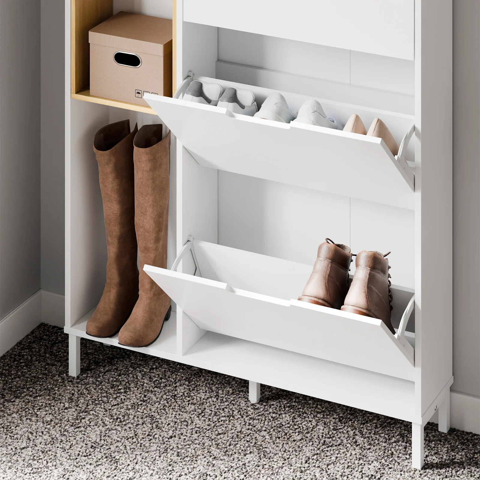 SoBuy FSR209-WN Smalle Schoenenkast voor Hal – Witte Schoenenkast met 3 Kleppen – Ruimte voor 9 Paar – Ideaal voor Kleine Ruimtes – MDF & Bamboe, 90×19×129,5 cm - Image 9