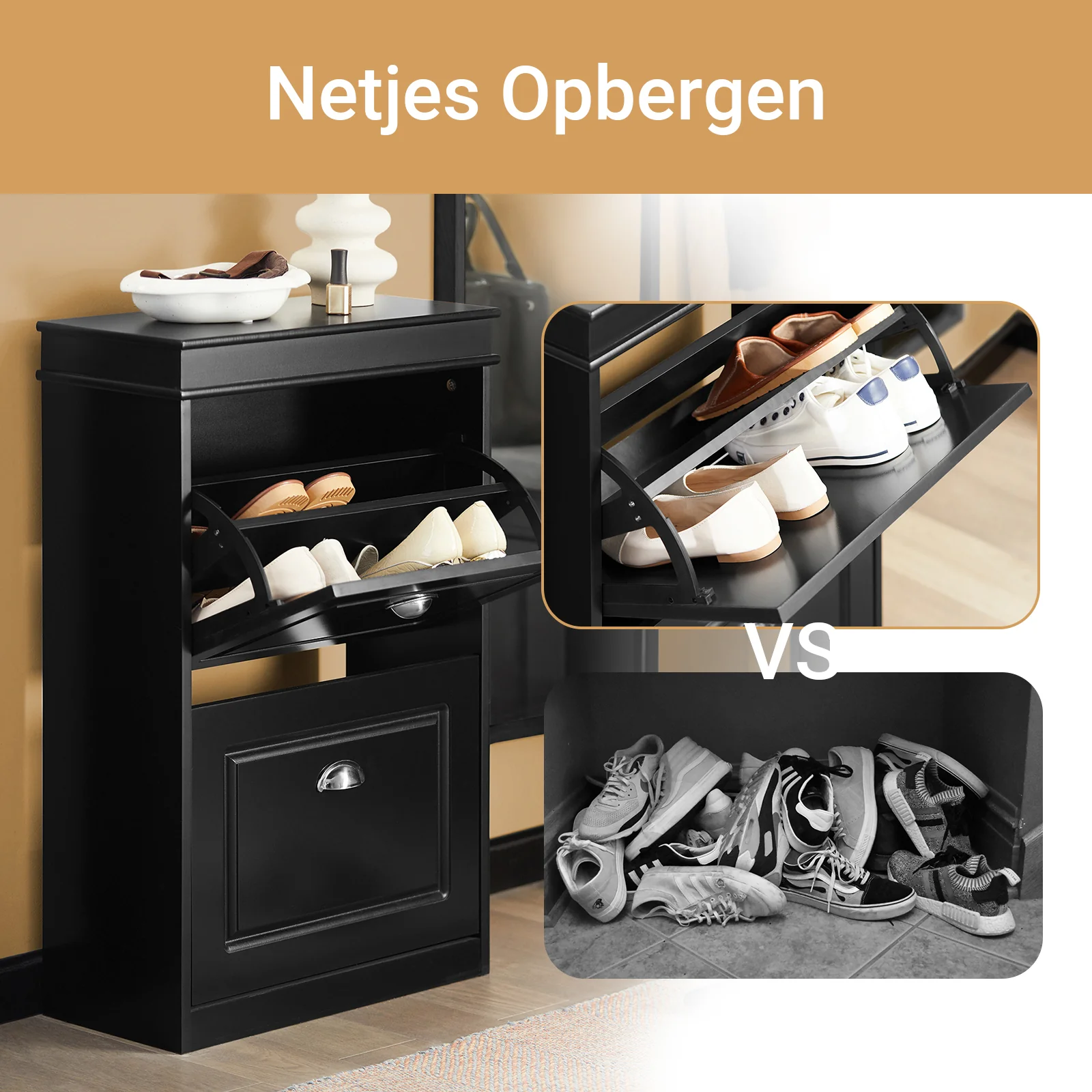 SoBuy FSR78-SCH Schoenenkast met 2 Oprolbare Deuren, Schoenenopslag voor de Hal, 8 Paar Schoenen, 54x24x83 cm, Zwart - Image 4