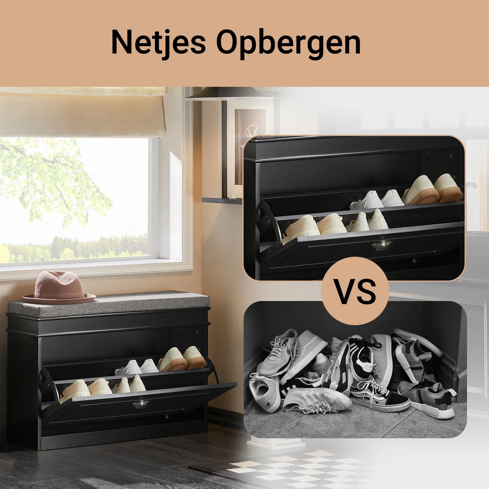 SoBuy FSR82-L-SCH Schoenenbank, Schoenenkast met Gevoerd Kussen en 1 Klep, Schoenenopberger, Opbergbank voor Woonkamer, Hal, Slaapkamer, L75xD24xH51 cm, Zwart - Image 5