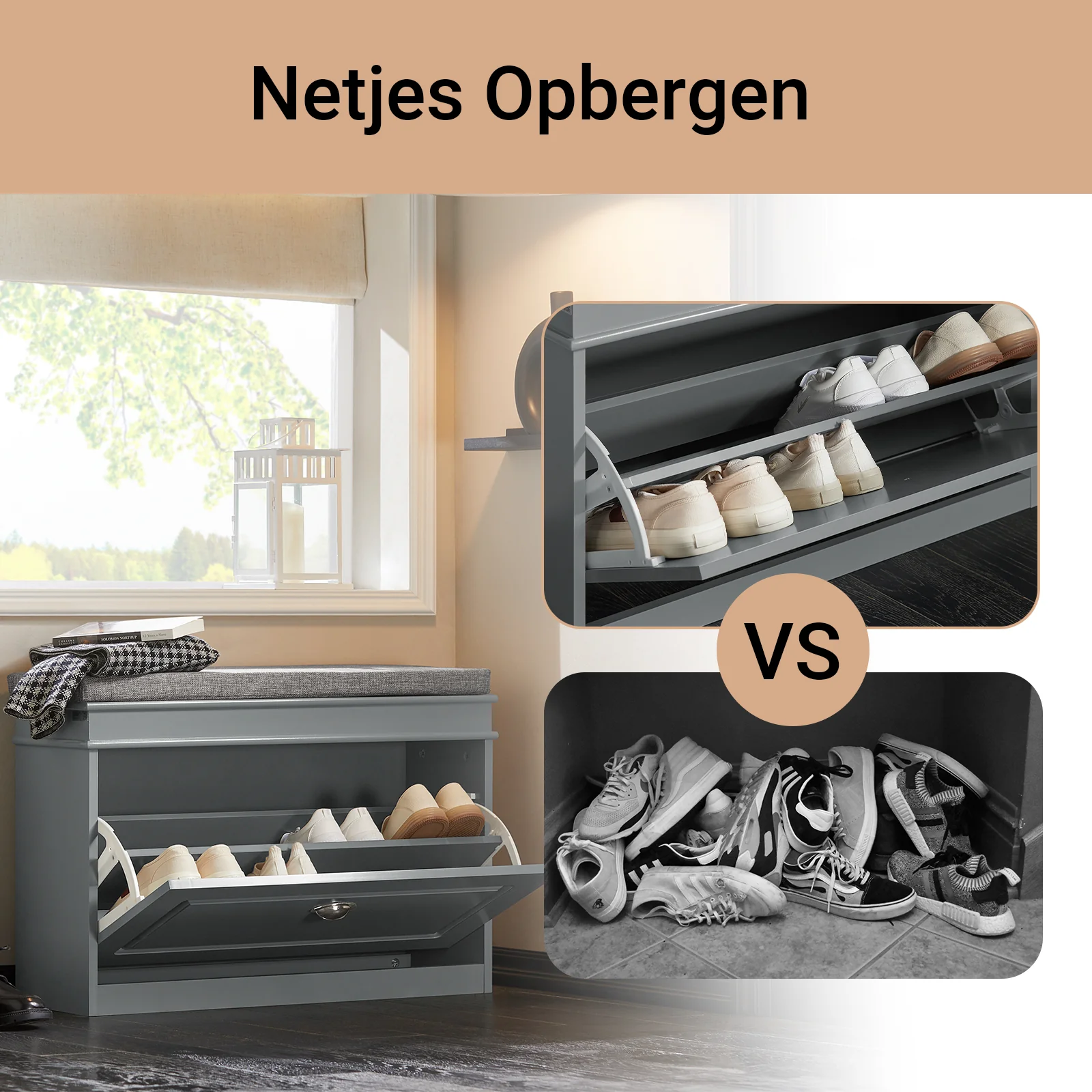 SoBuy FSR82-L-HG Schoenenkast voor de Hal – Schoenenbank met Klepopslag en Kussen – Opbergbank voor Schoenen, Geschikt voor Gang of Woonkamer – 75x24x51 cm, Draagvermogen 150kg, Grijs - Image 3
