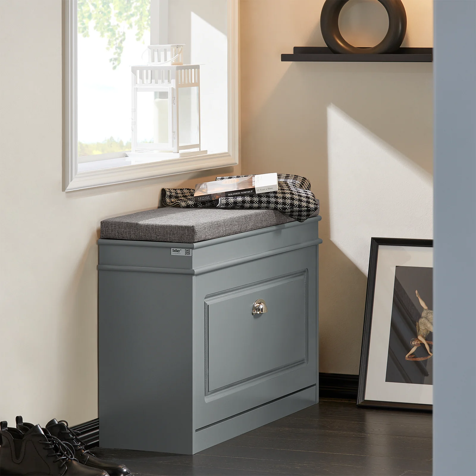 SoBuy FSR82-L-HG Schoenenkast voor de Hal – Schoenenbank met Klepopslag en Kussen – Opbergbank voor Schoenen, Geschikt voor Gang of Woonkamer – 75x24x51 cm, Draagvermogen 150kg, Grijs - Image 4