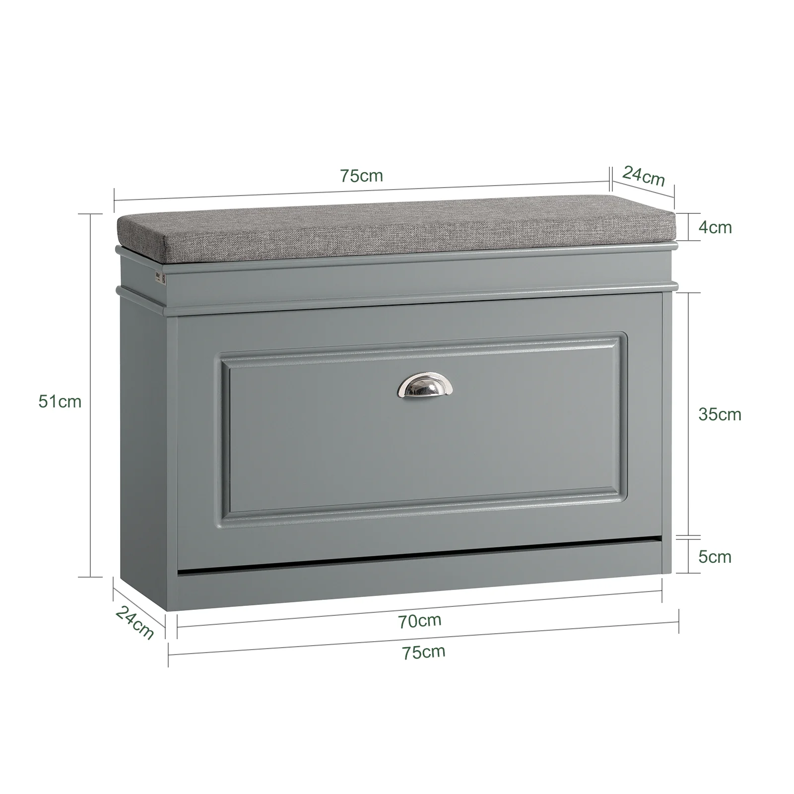 SoBuy FSR82-L-HG Schoenenkast voor de Hal – Schoenenbank met Klepopslag en Kussen – Opbergbank voor Schoenen, Geschikt voor Gang of Woonkamer – 75x24x51 cm, Draagvermogen 150kg, Grijs - Image 5