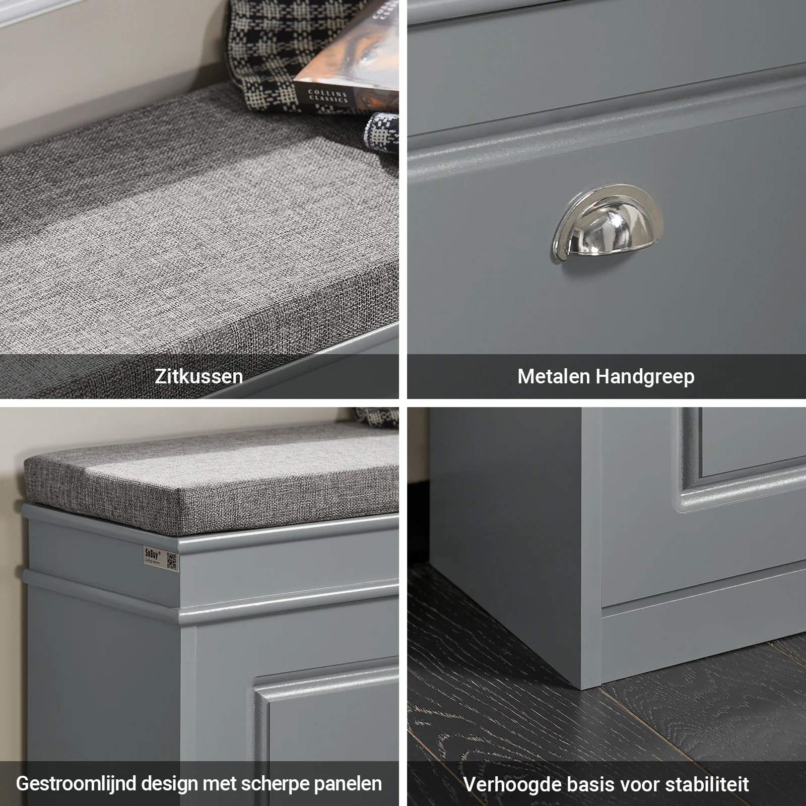 SoBuy FSR82-L-HG Schoenenkast voor de Hal – Schoenenbank met Klepopslag en Kussen – Opbergbank voor Schoenen, Geschikt voor Gang of Woonkamer – 75x24x51 cm, Draagvermogen 150kg, Grijs - Image 6