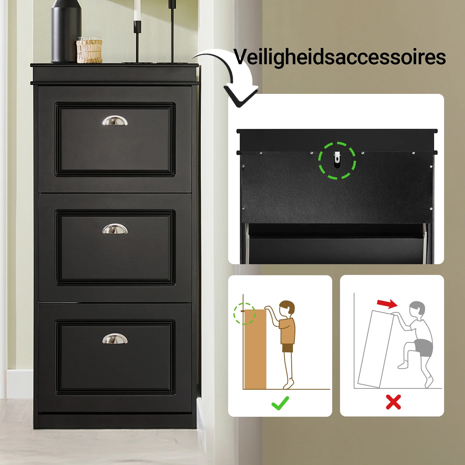 SoBuy FSR94-SCH Schoenenkast met 3 Deuren, Opbergruimte voor 12 Paar Schoenen, Compacte Garderobe voor Hal, 53x24x117 cm, Zwart - Image 3