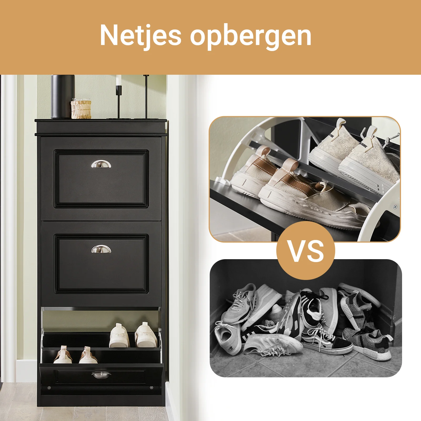 SoBuy FSR94-SCH Schoenenkast met 3 Deuren, Opbergruimte voor 12 Paar Schoenen, Compacte Garderobe voor Hal, 53x24x117 cm, Zwart - Image 7
