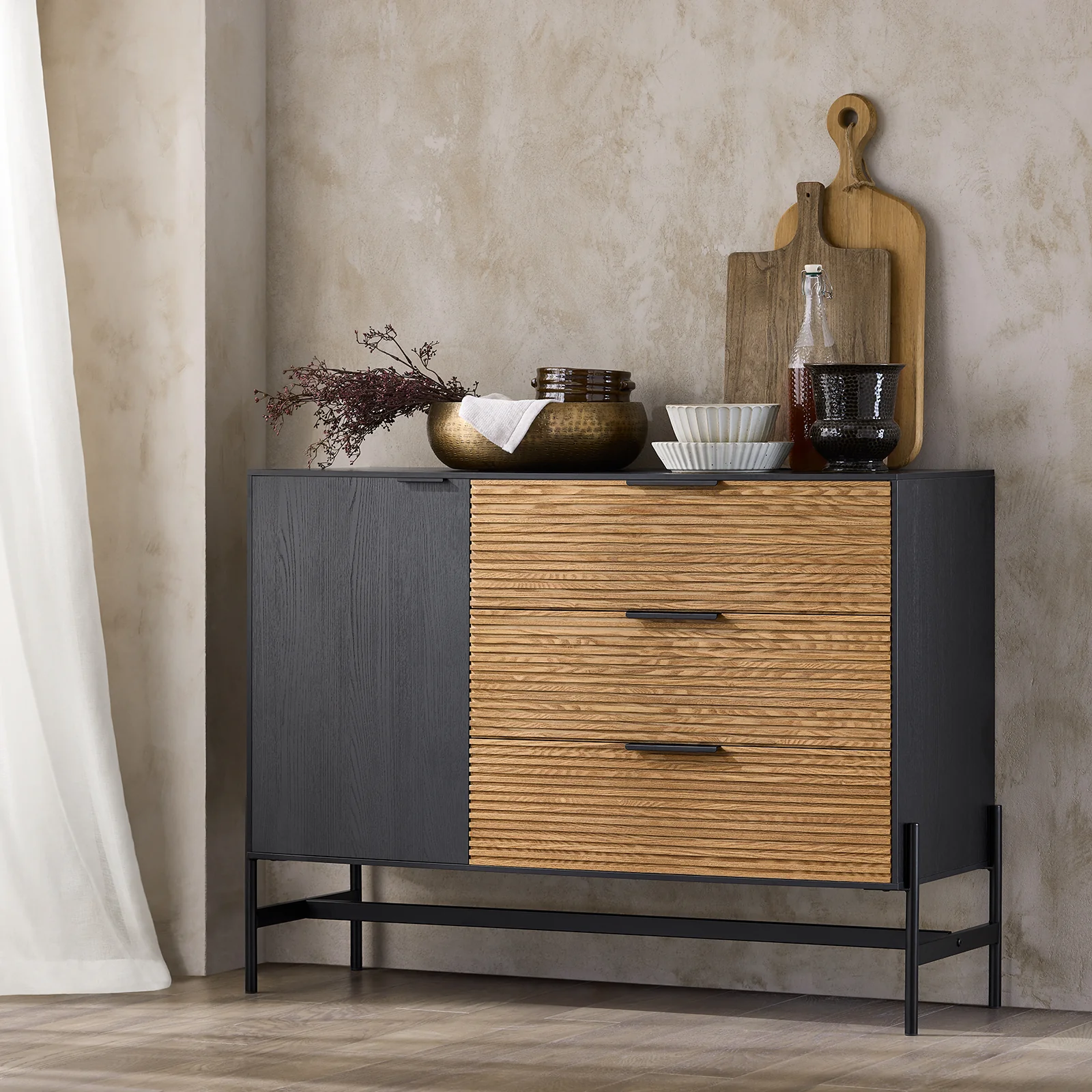 SoBuy HFSB02-SCH Lage dressoir, commode opbergkast, dressoir voor keuken, eetkamer, woonkamer, entree, met kast, 1 deur en 3 laden - Image 3