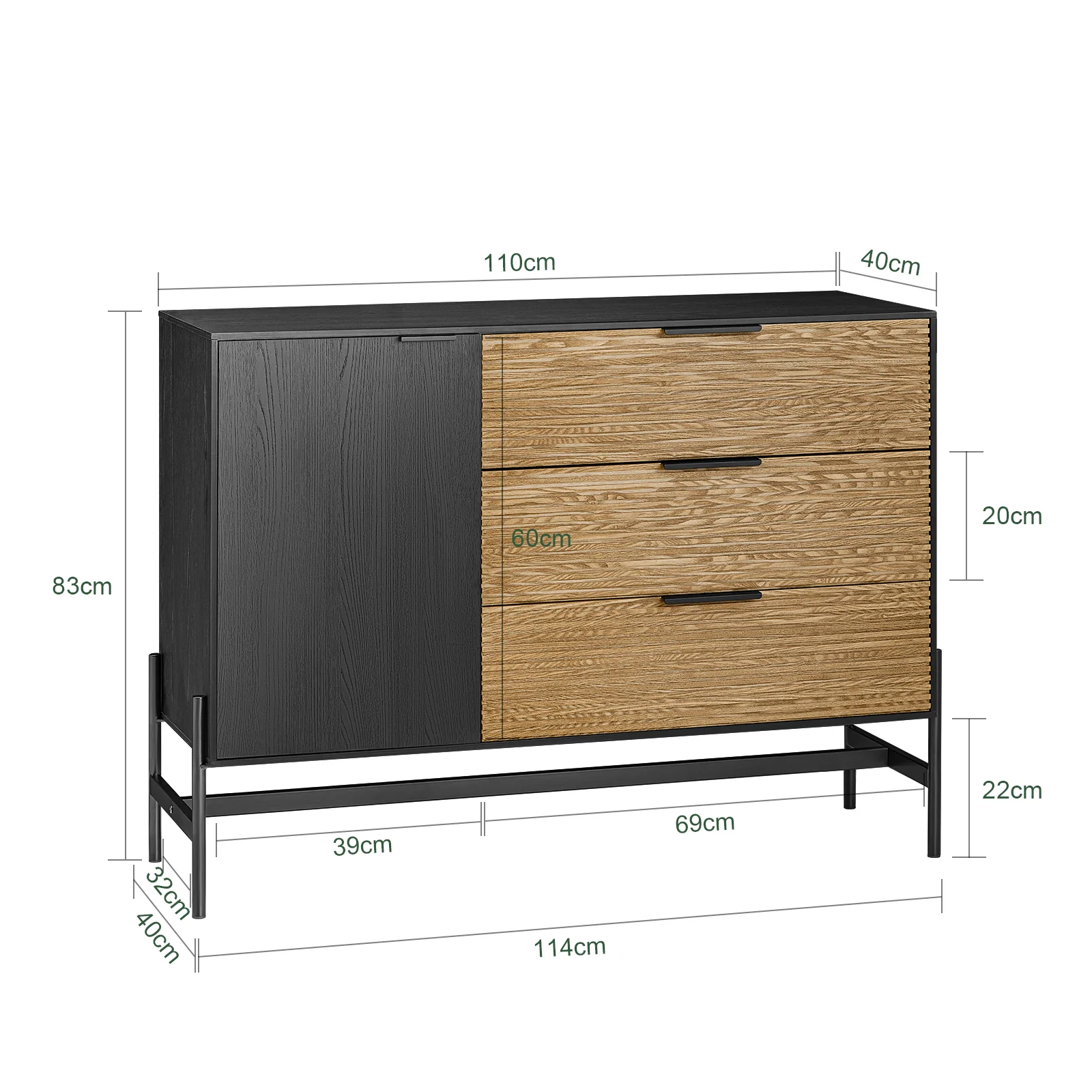 SoBuy HFSB02-SCH Lage dressoir, commode opbergkast, dressoir voor keuken, eetkamer, woonkamer, entree, met kast, 1 deur en 3 laden - Image 5