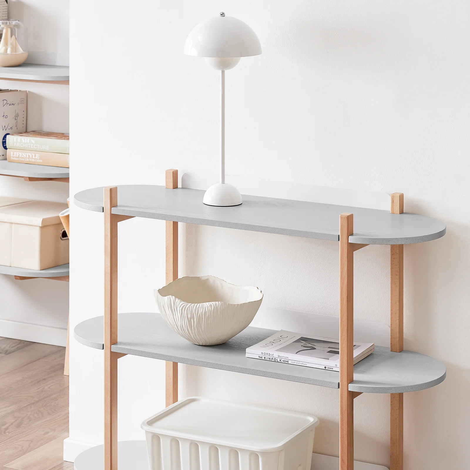 SoBuy HSTR01-H-HG Opbergplank met 3 Niveaus, Houten Plank op Poten met 3 Etages, Boekenkast, Entree Tafel, Console Tafel - Image 6