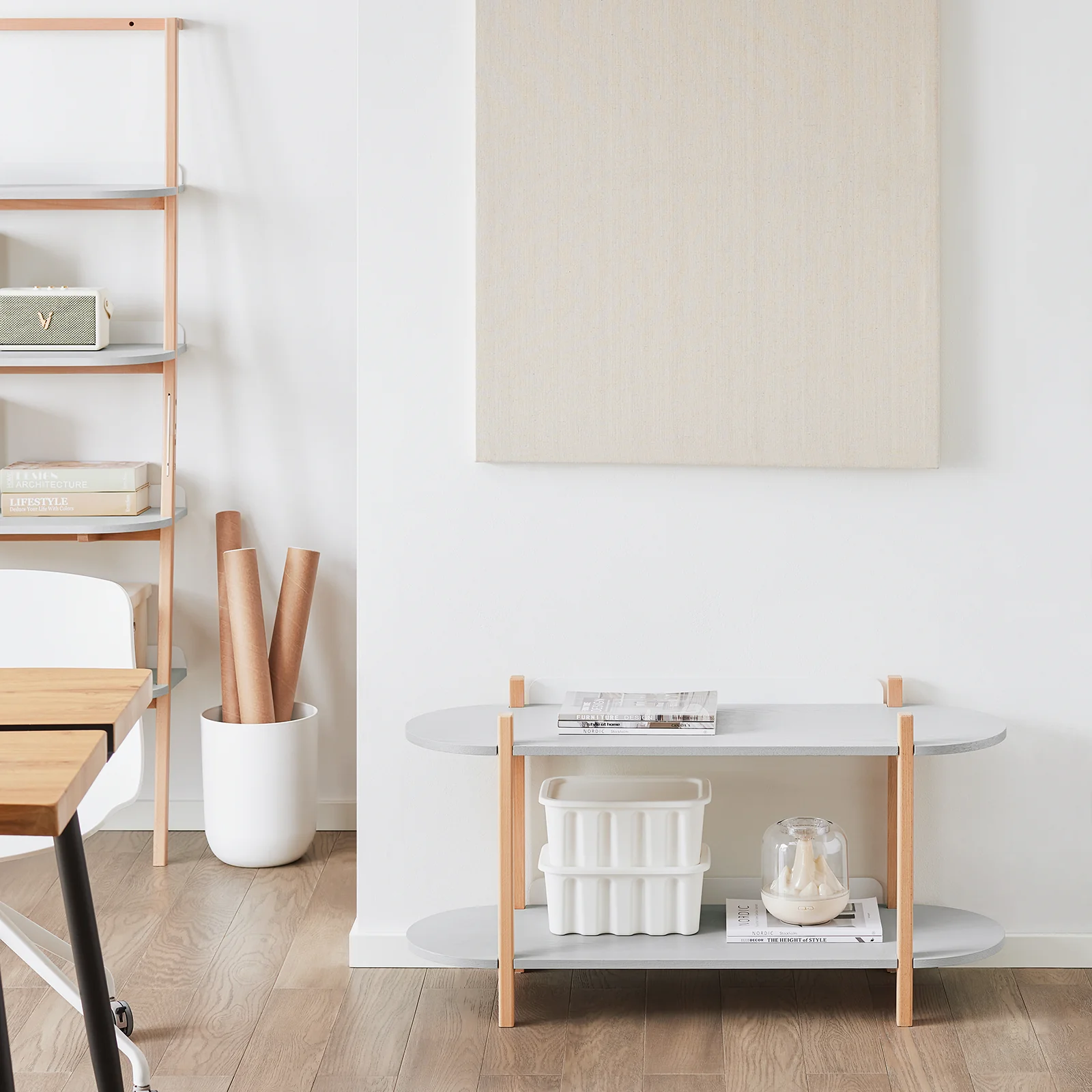 SoBuy HSTR01-HG Opbergplank, Boekenkast met 2 Niveaus, Houten Bijzettafel met 2 Etages, Plank op Poten, Console Tafel, Lage Bijzettafel - Image 3