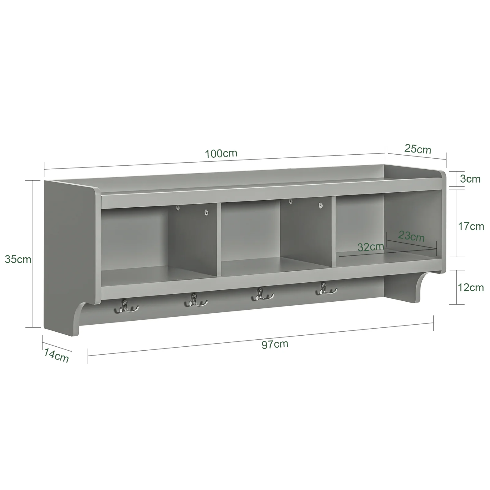 SoBuy FHK28-HG Kapstokken - Wandkapstok - Muur/Wand Kapstok - Wandplank Garderobe met 3 Compartimenten en 4 Dubbele Haken - Image 5