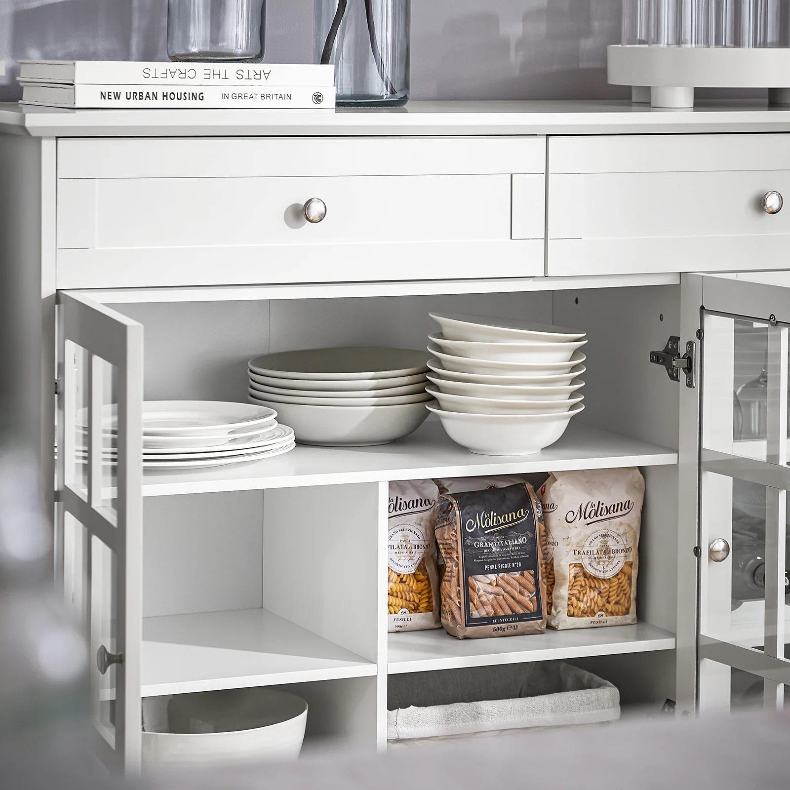 SoBuy FSB77-W Keukenkast, Dressoir, Buffet, Buffetkast, Keukeneiland, Keukenrek, Bijzetkast, Zijkant, 3 Glazen Deuren, 2 Laden - Image 10