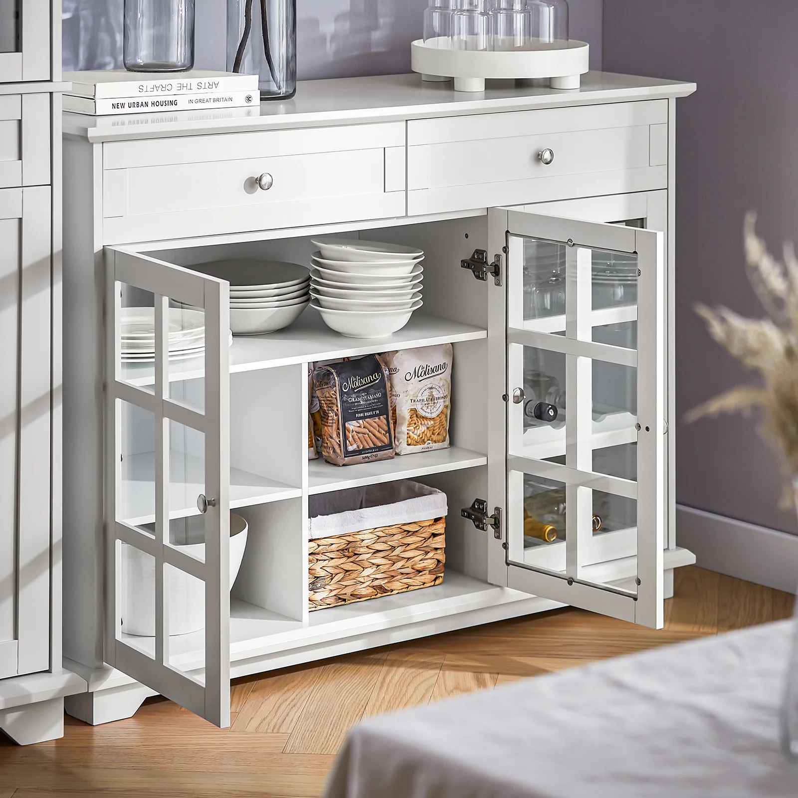 SoBuy FSB77-W Keukenkast, Dressoir, Buffet, Buffetkast, Keukeneiland, Keukenrek, Bijzetkast, Zijkant, 3 Glazen Deuren, 2 Laden - Image 16