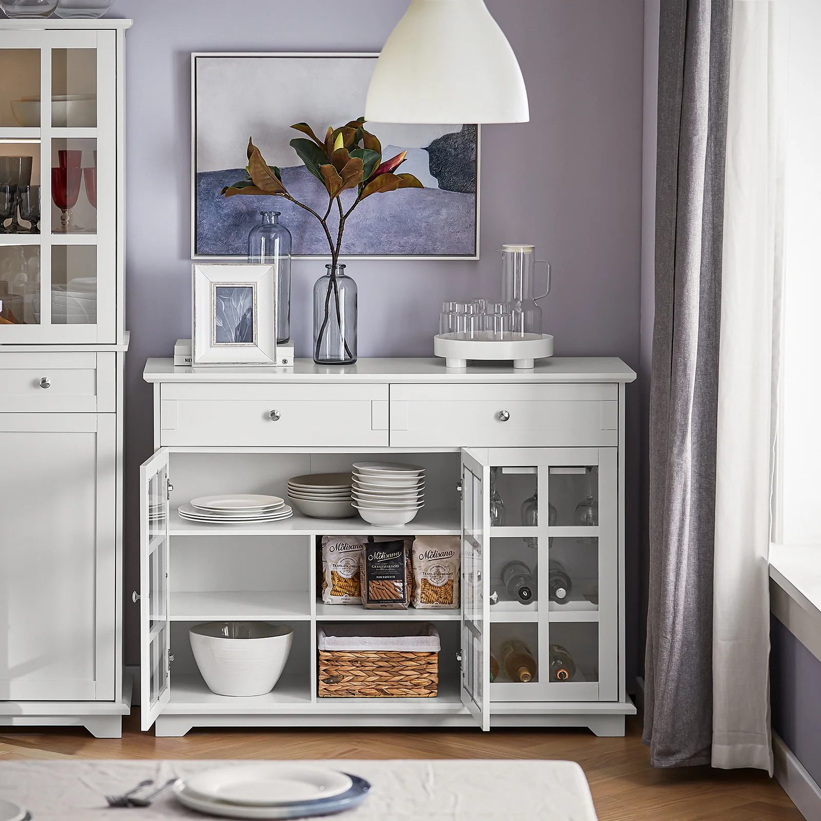 SoBuy FSB77-W Keukenkast, Dressoir, Buffet, Buffetkast, Keukeneiland, Keukenrek, Bijzetkast, Zijkant, 3 Glazen Deuren, 2 Laden - Image 4