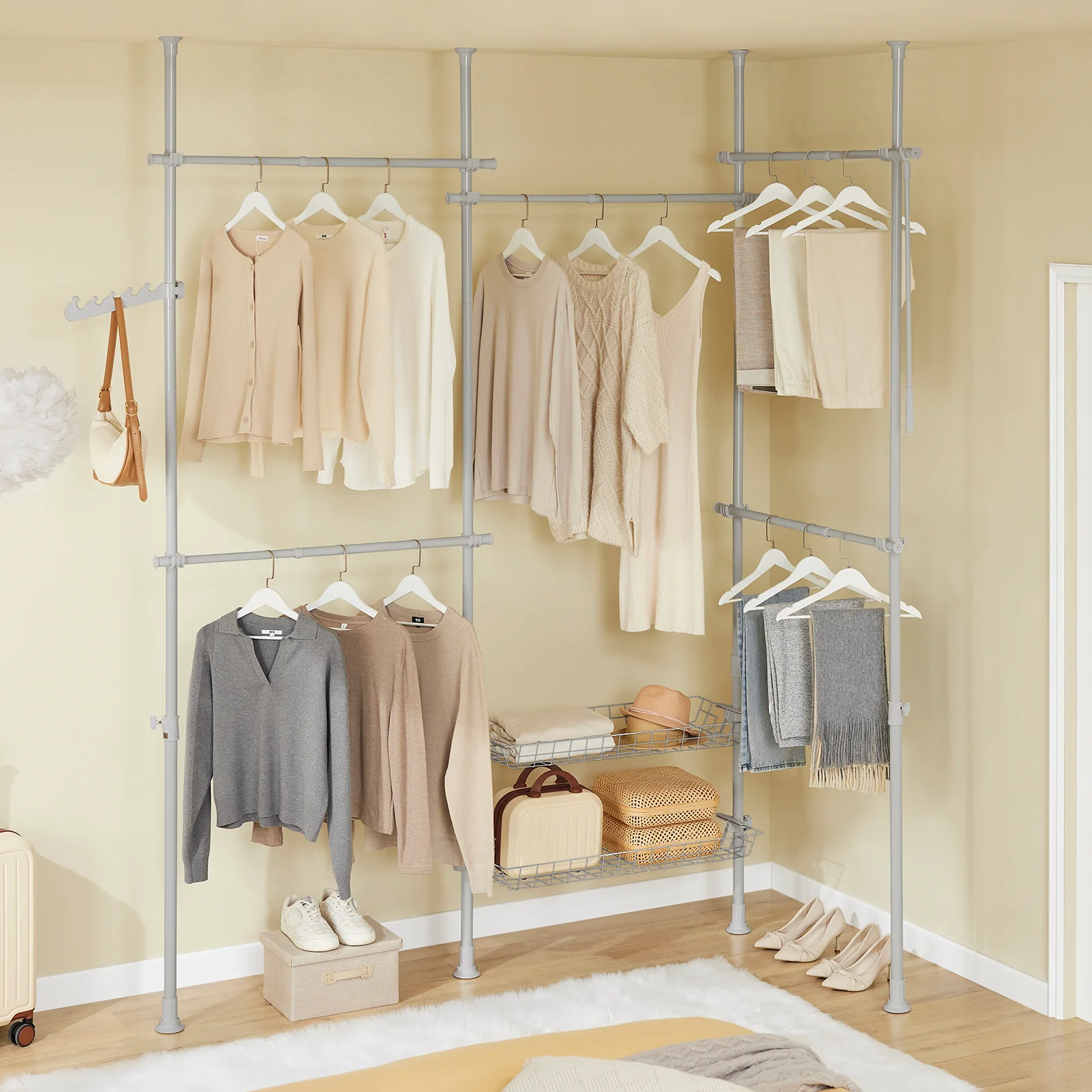 SoBuy KLS04-II-HG Telescopisch Kledingrek, Stevig Kledinghangerrek, Verstelbare Open Garderobekast met Kledingstangen en Planken voor Slaapkamer, Inloopkast, Grijs - Image 3