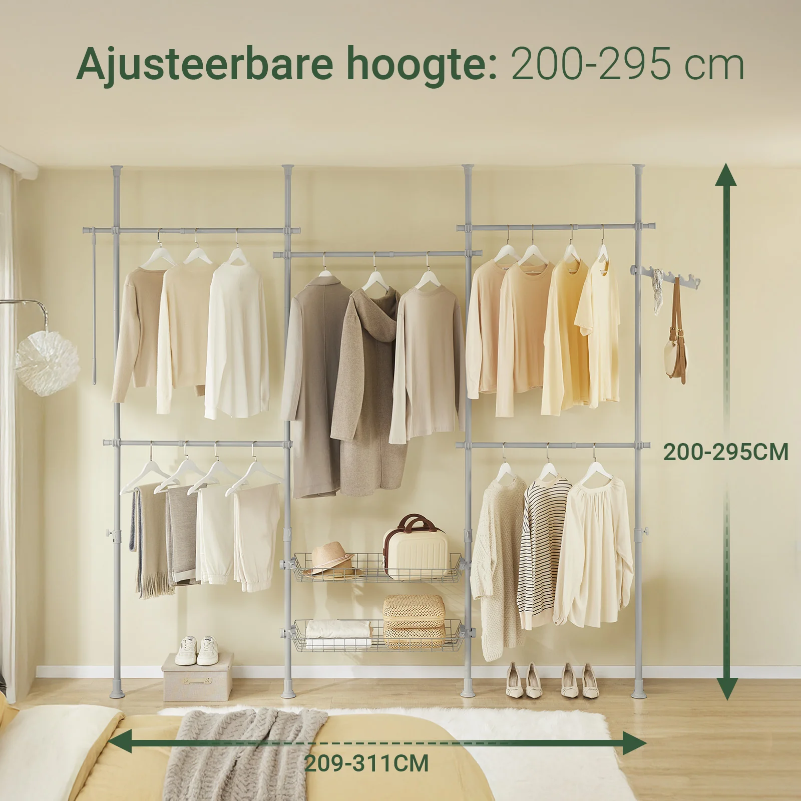 SoBuy KLS04-II-HG Telescopisch Kledingrek, Stevig Kledinghangerrek, Verstelbare Open Garderobekast met Kledingstangen en Planken voor Slaapkamer, Inloopkast, Grijs - Image 4