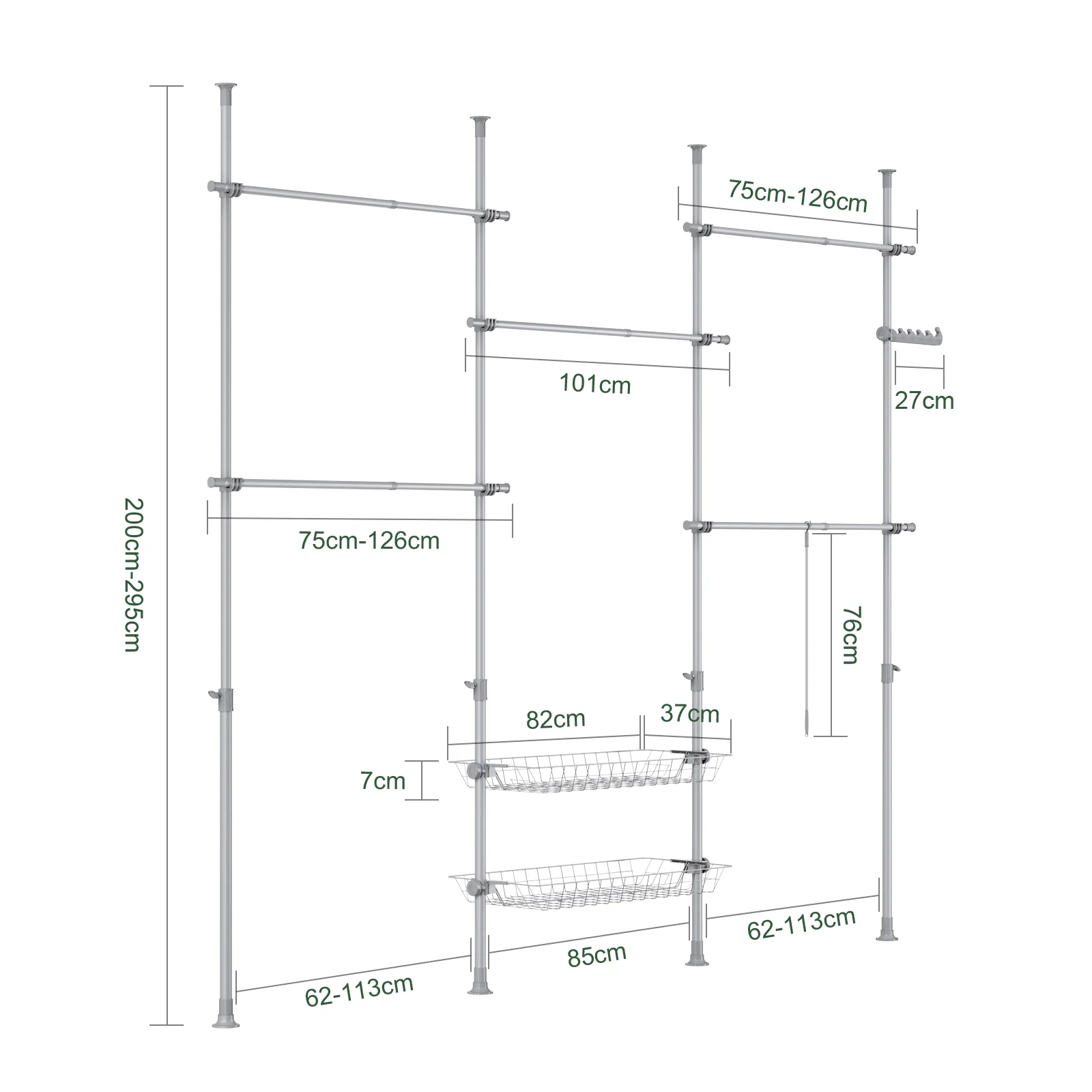 SoBuy KLS04-II-HG Telescopisch Kledingrek, Stevig Kledinghangerrek, Verstelbare Open Garderobekast met Kledingstangen en Planken voor Slaapkamer, Inloopkast, Grijs - Image 5
