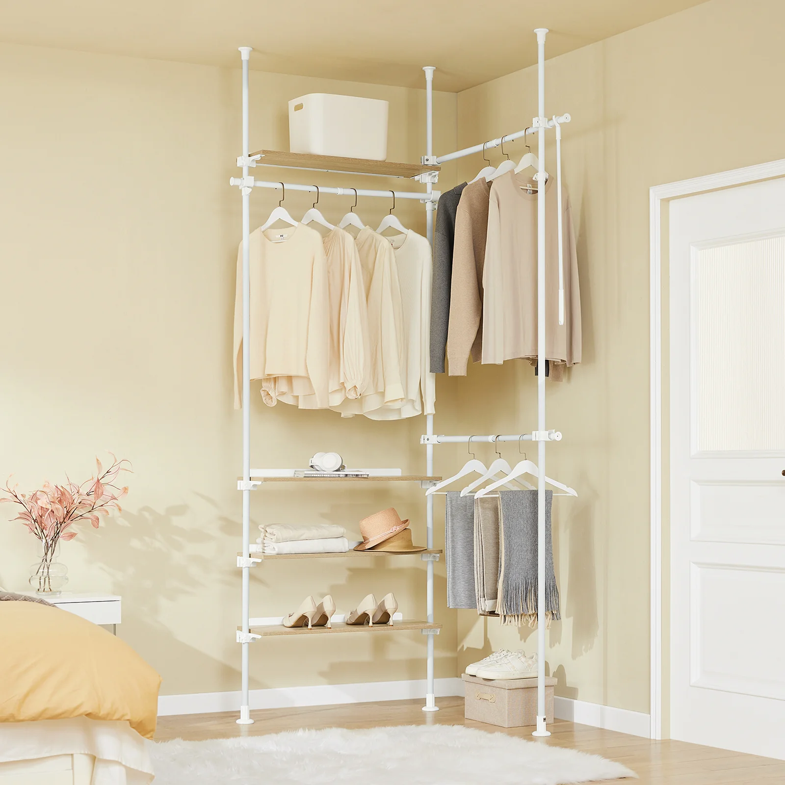 SoBuy KLS17-WN Telescopisch kledingrek, robuuste kledingkast, open verstelbare kledingkast met planken en stangen, wit - Image 3