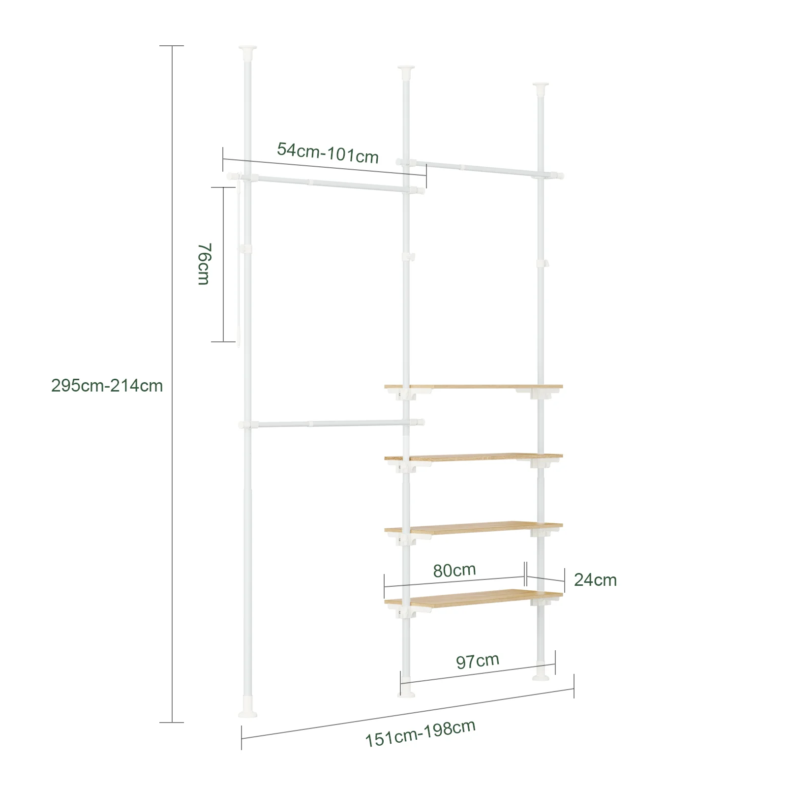 SoBuy KLS17-WN Telescopisch kledingrek, robuuste kledingkast, open verstelbare kledingkast met planken en stangen, wit - Image 4
