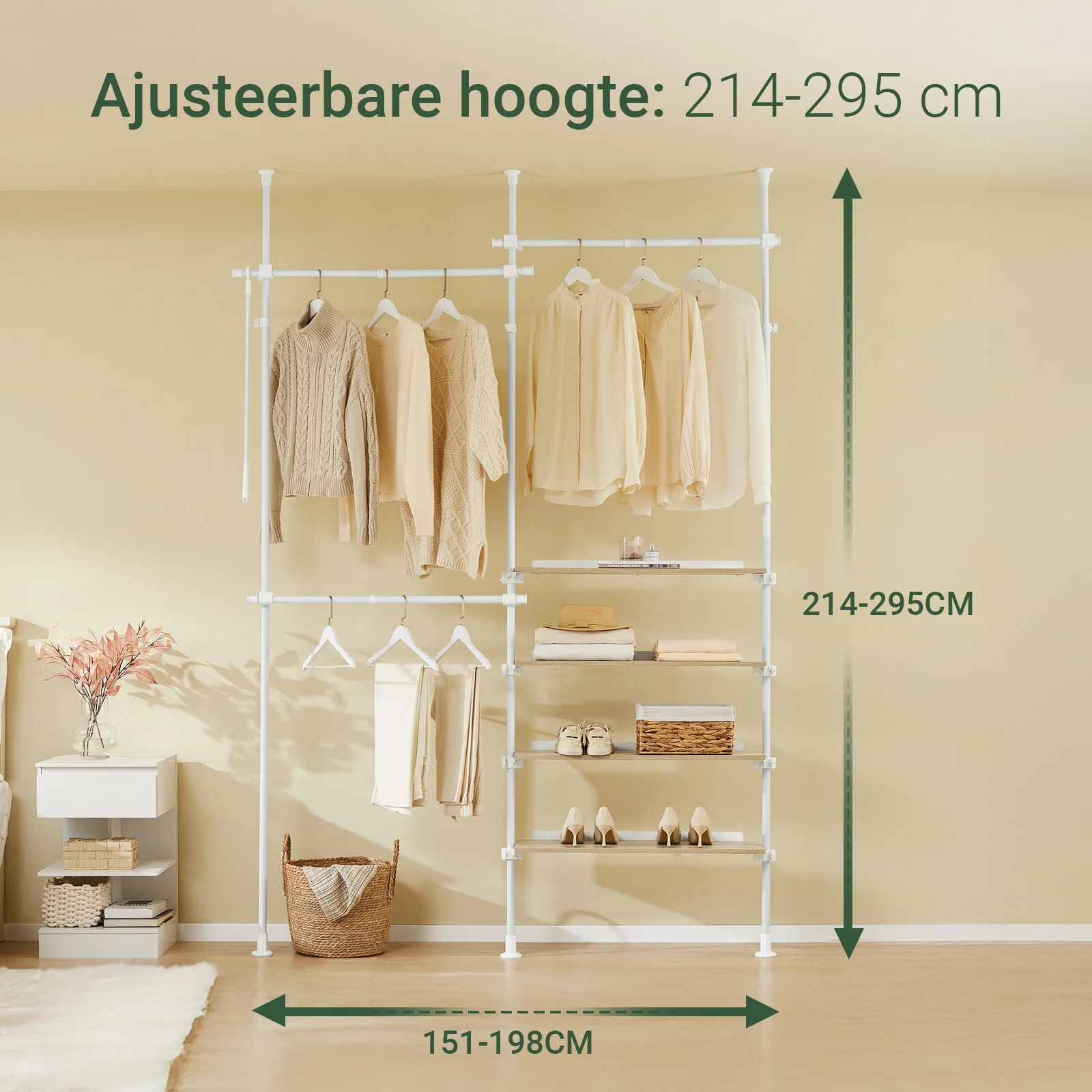 SoBuy KLS17-WN Telescopisch kledingrek, robuuste kledingkast, open verstelbare kledingkast met planken en stangen, wit - Image 7