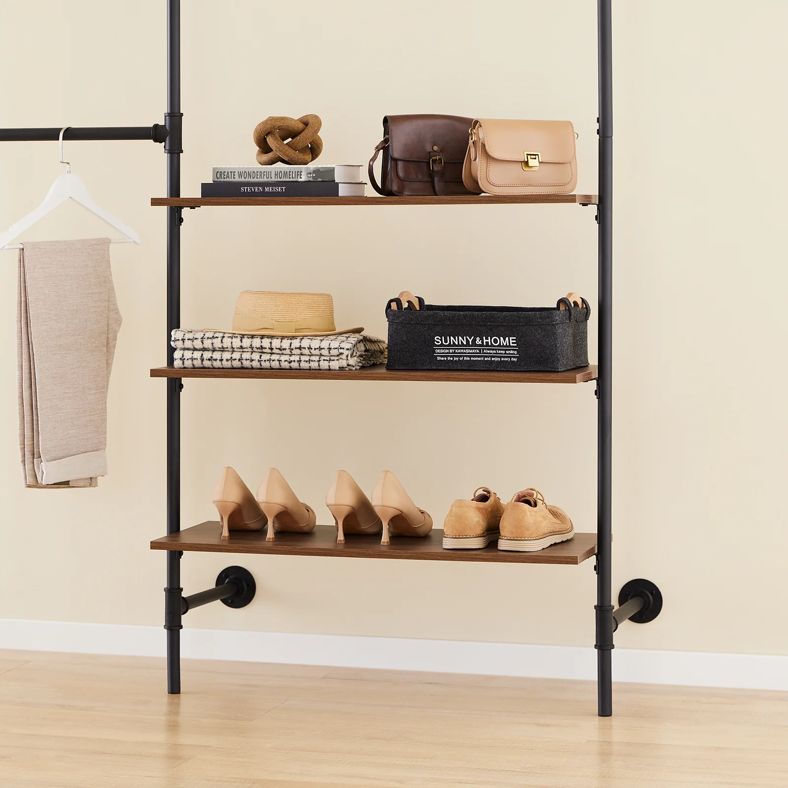 SoBuy KLS18-SCH industrieel wandrek, kledingrek van vaste buizen met 3 stangen en 3 MDF-planken, robuuste open kledingkast, ruimtebesparend, industrieel zwart - Image 11