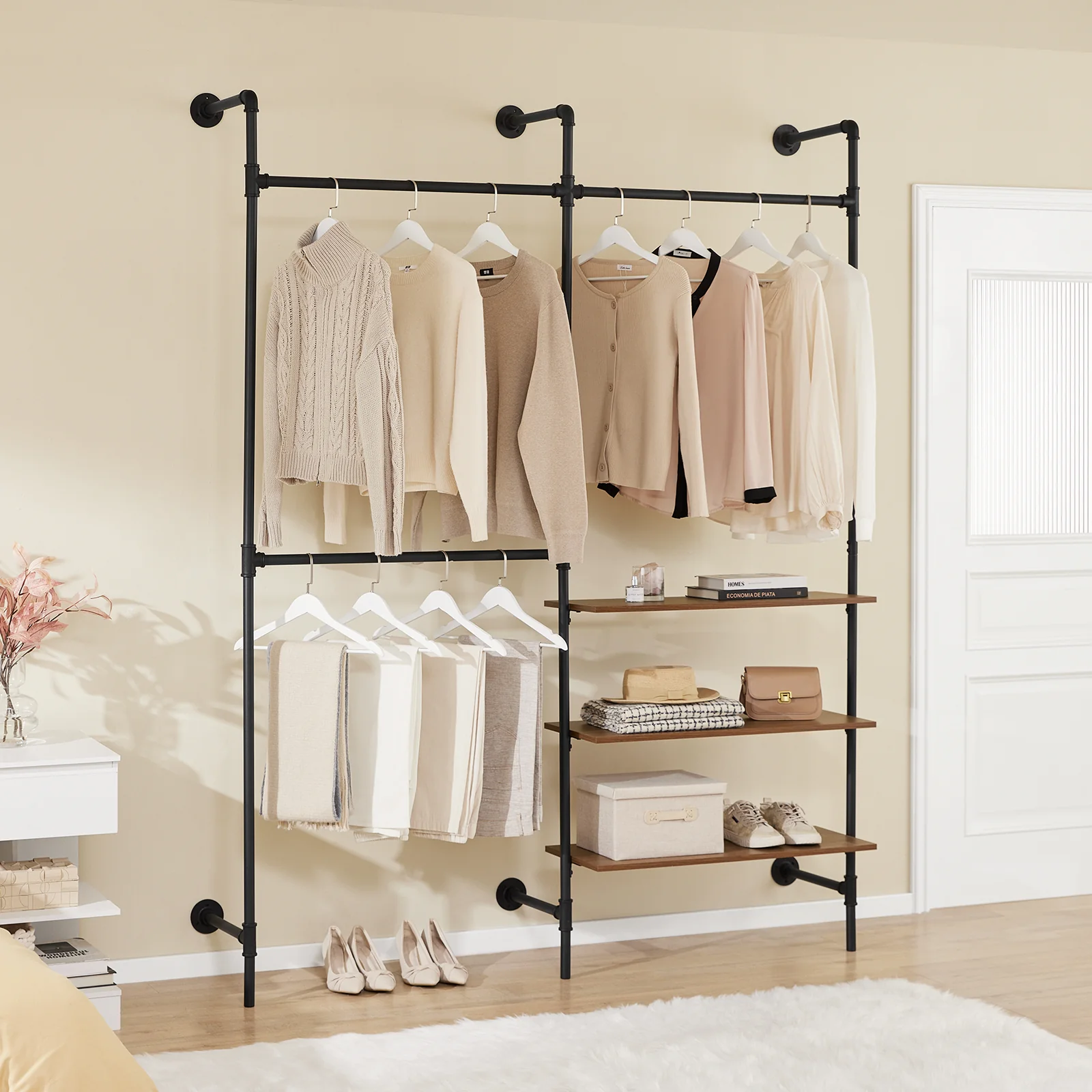 SoBuy KLS18-SCH industrieel wandrek, kledingrek van vaste buizen met 3 stangen en 3 MDF-planken, robuuste open kledingkast, ruimtebesparend, industrieel zwart - Image 3