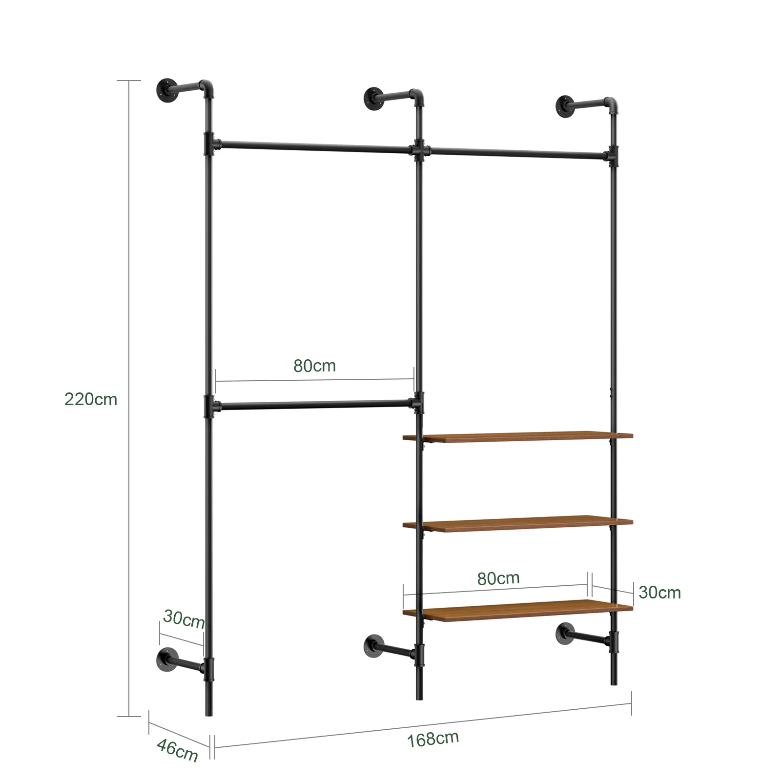 SoBuy KLS18-SCH industrieel wandrek, kledingrek van vaste buizen met 3 stangen en 3 MDF-planken, robuuste open kledingkast, ruimtebesparend, industrieel zwart - Image 4