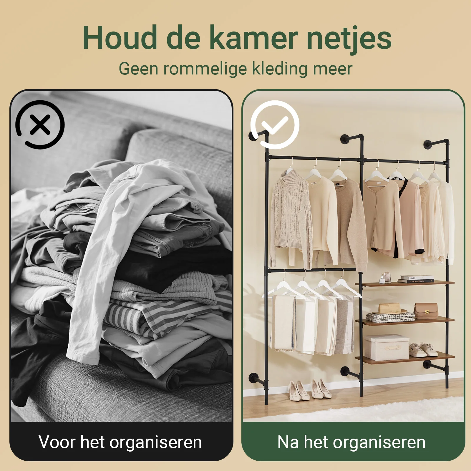 SoBuy KLS18-SCH industrieel wandrek, kledingrek van vaste buizen met 3 stangen en 3 MDF-planken, robuuste open kledingkast, ruimtebesparend, industrieel zwart - Image 6