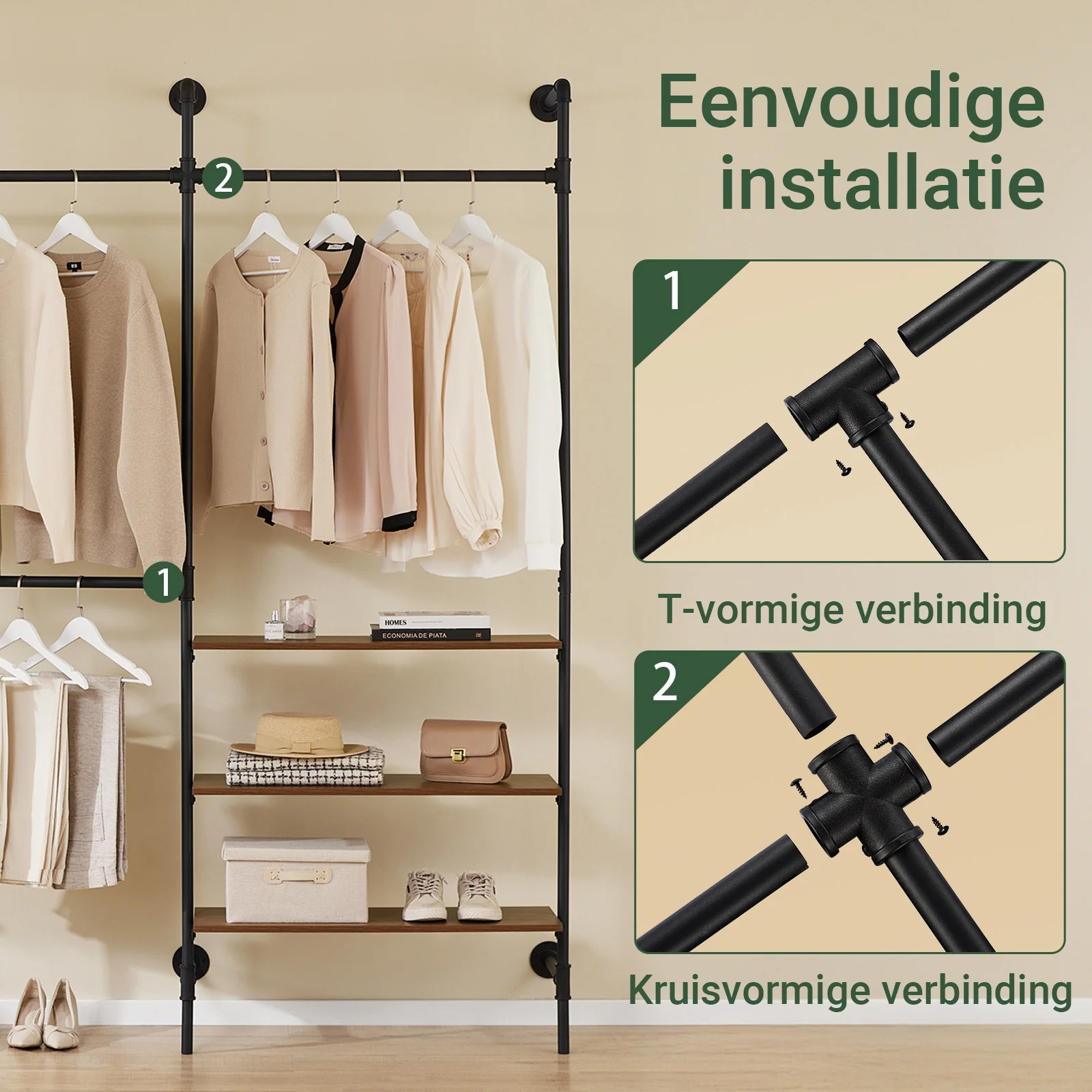 SoBuy KLS18-SCH industrieel wandrek, kledingrek van vaste buizen met 3 stangen en 3 MDF-planken, robuuste open kledingkast, ruimtebesparend, industrieel zwart - Image 7