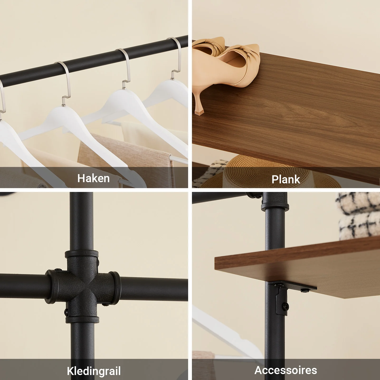 SoBuy KLS18-SCH industrieel wandrek, kledingrek van vaste buizen met 3 stangen en 3 MDF-planken, robuuste open kledingkast, ruimtebesparend, industrieel zwart - Image 8