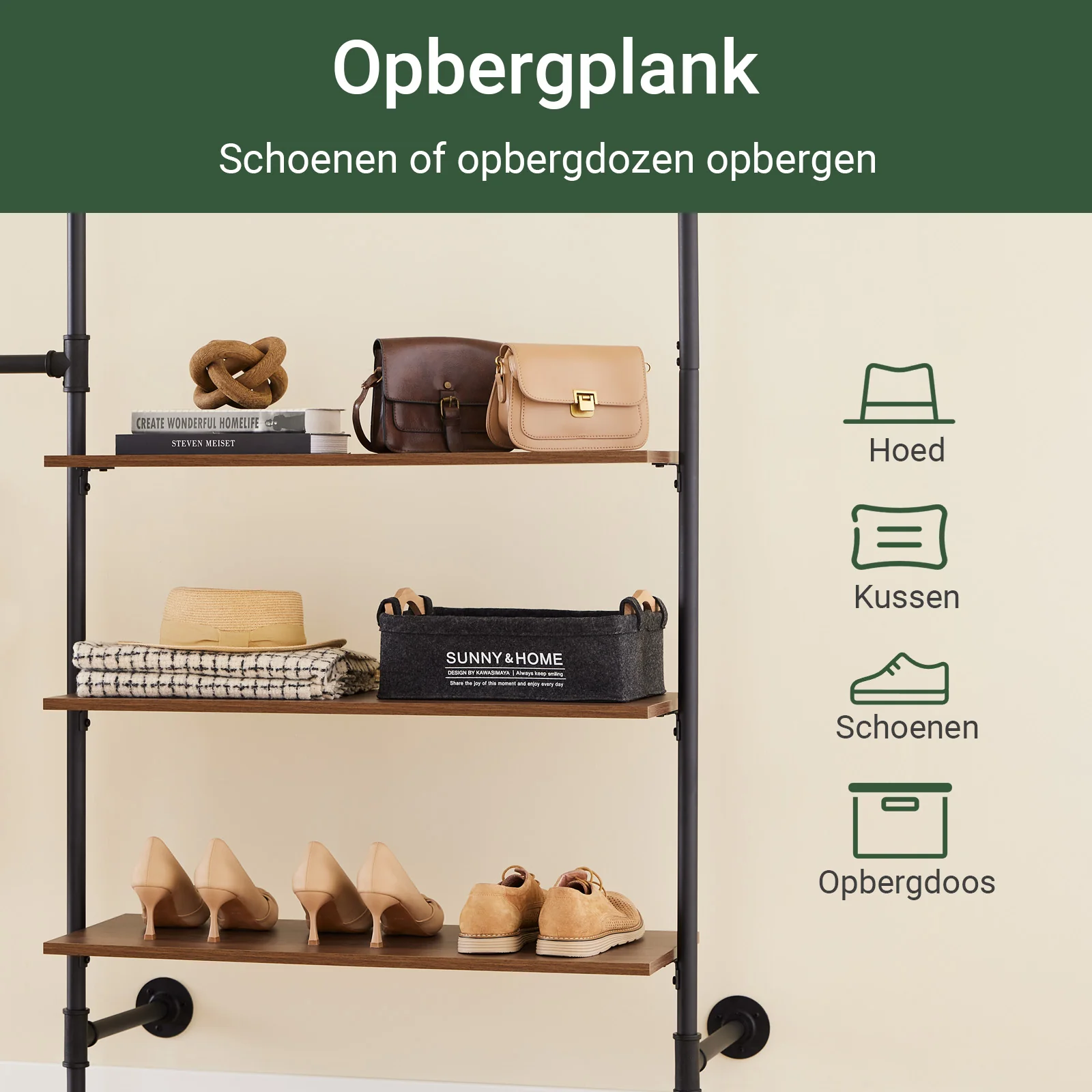 SoBuy KLS18-SCH industrieel wandrek, kledingrek van vaste buizen met 3 stangen en 3 MDF-planken, robuuste open kledingkast, ruimtebesparend, industrieel zwart - Image 9